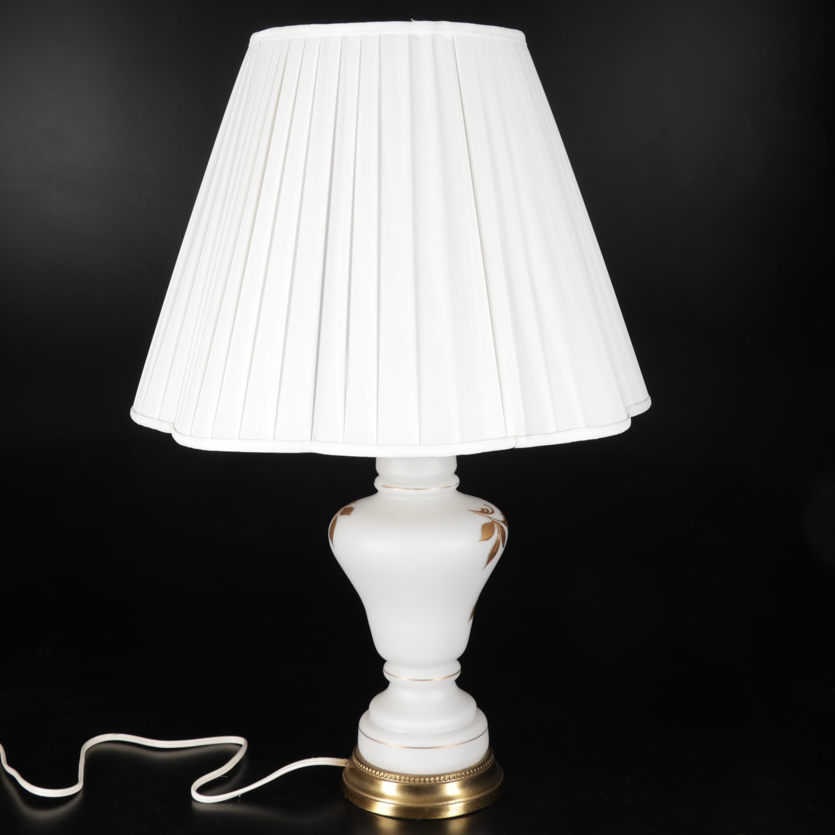 Hand-Painted Gold on White Glass Table Lamp, Late 20th Century