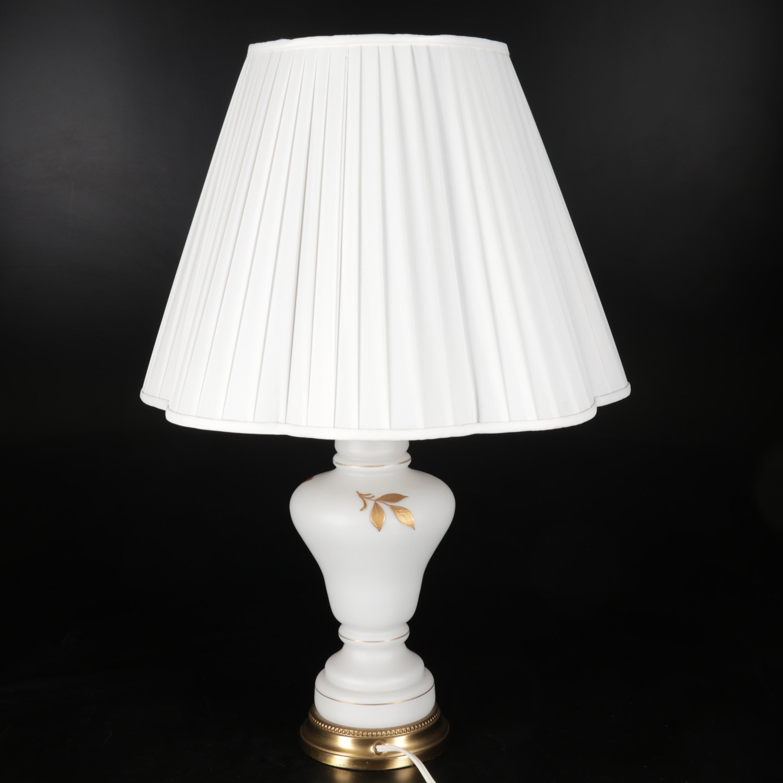 Hand-Painted Gold on White Glass Table Lamp, Late 20th Century