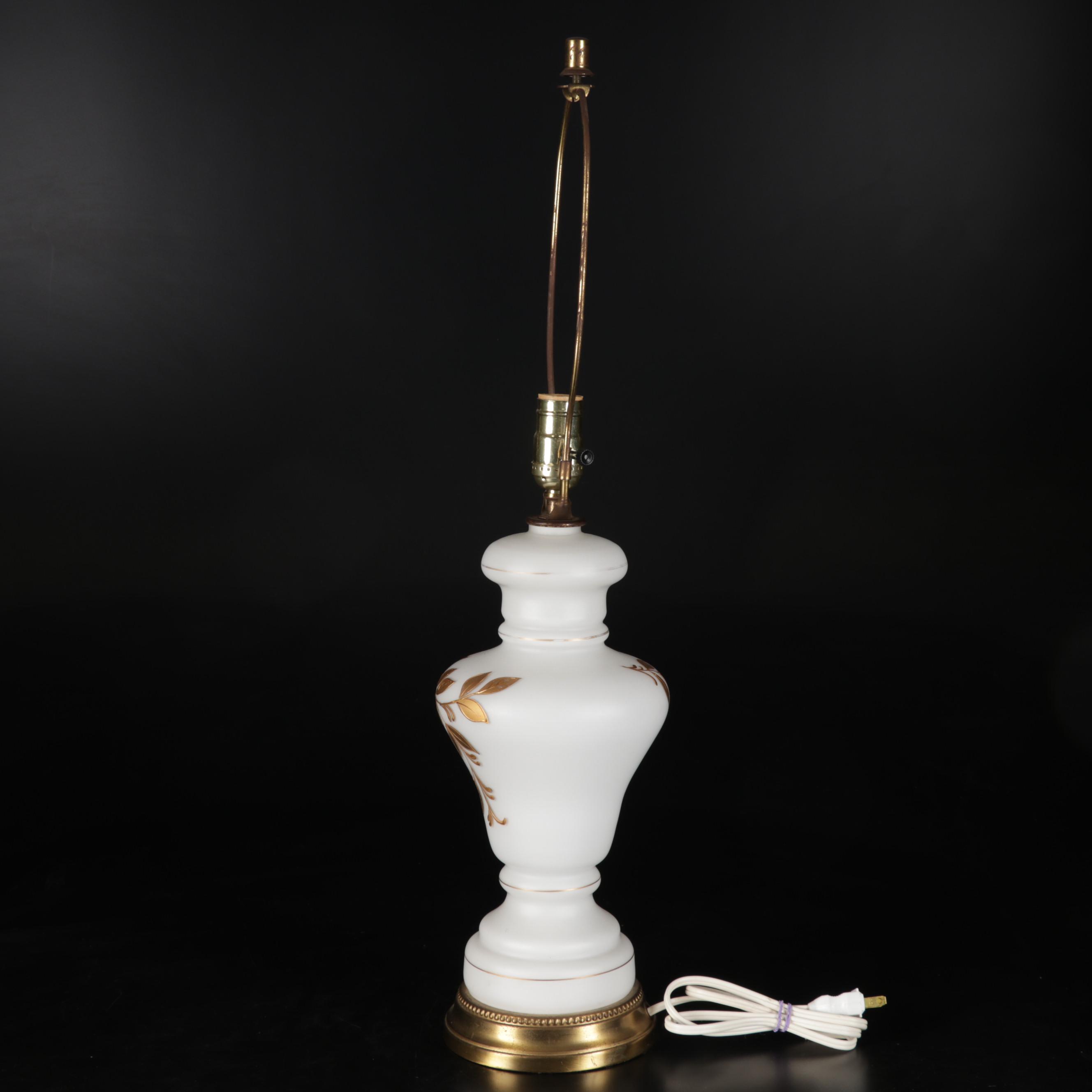 Hand-Painted Gold on White Glass Table Lamp, Late 20th Century