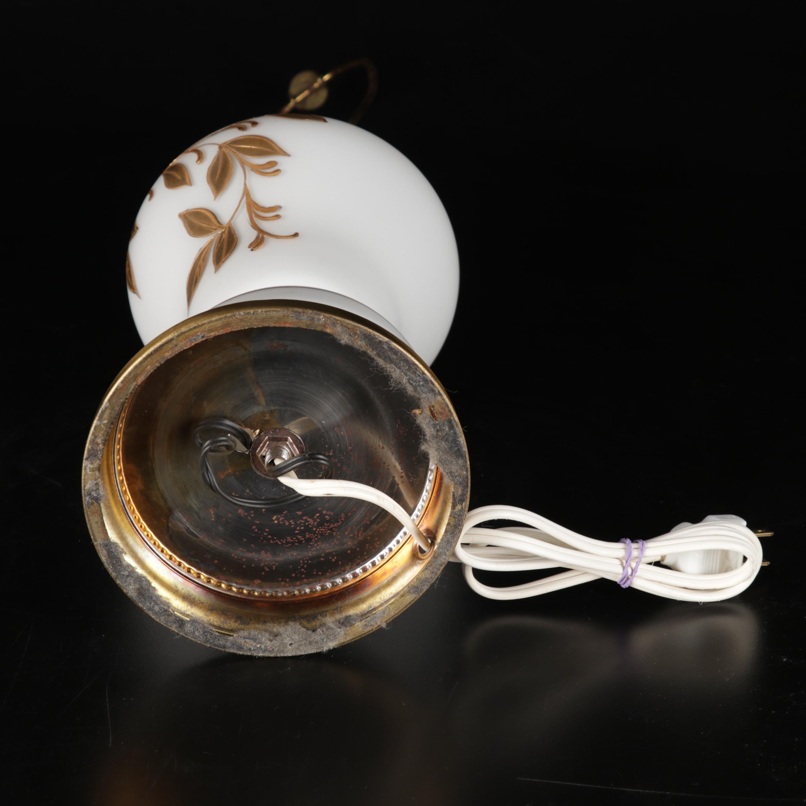 Hand-Painted Gold on White Glass Table Lamp, Late 20th Century