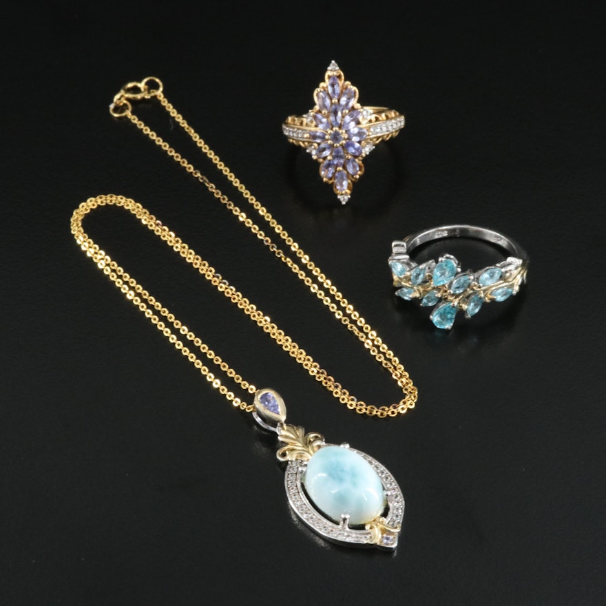 Sterling Grouping Including Larimar, Apatite and Tanzanite