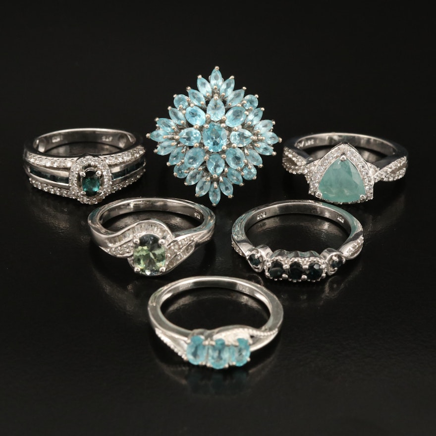 Sterling Apatite, White Zircon and Diamond Ring Grouping