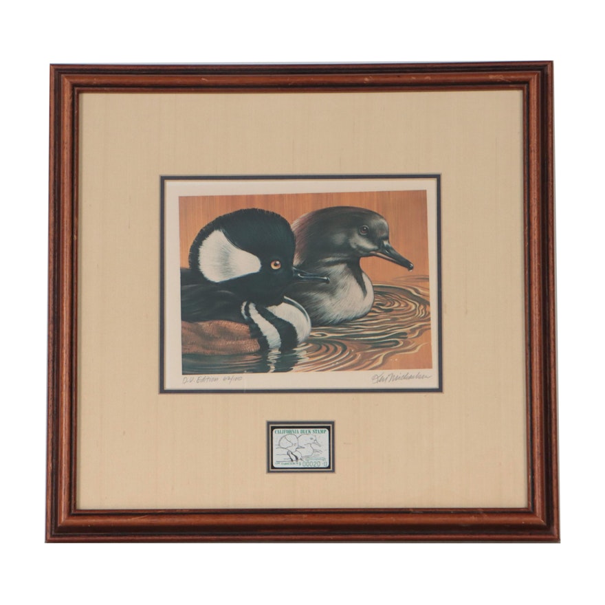 Ken Michaelson Offset Lithograph "Hooded Mergansers" With Postage Stamp