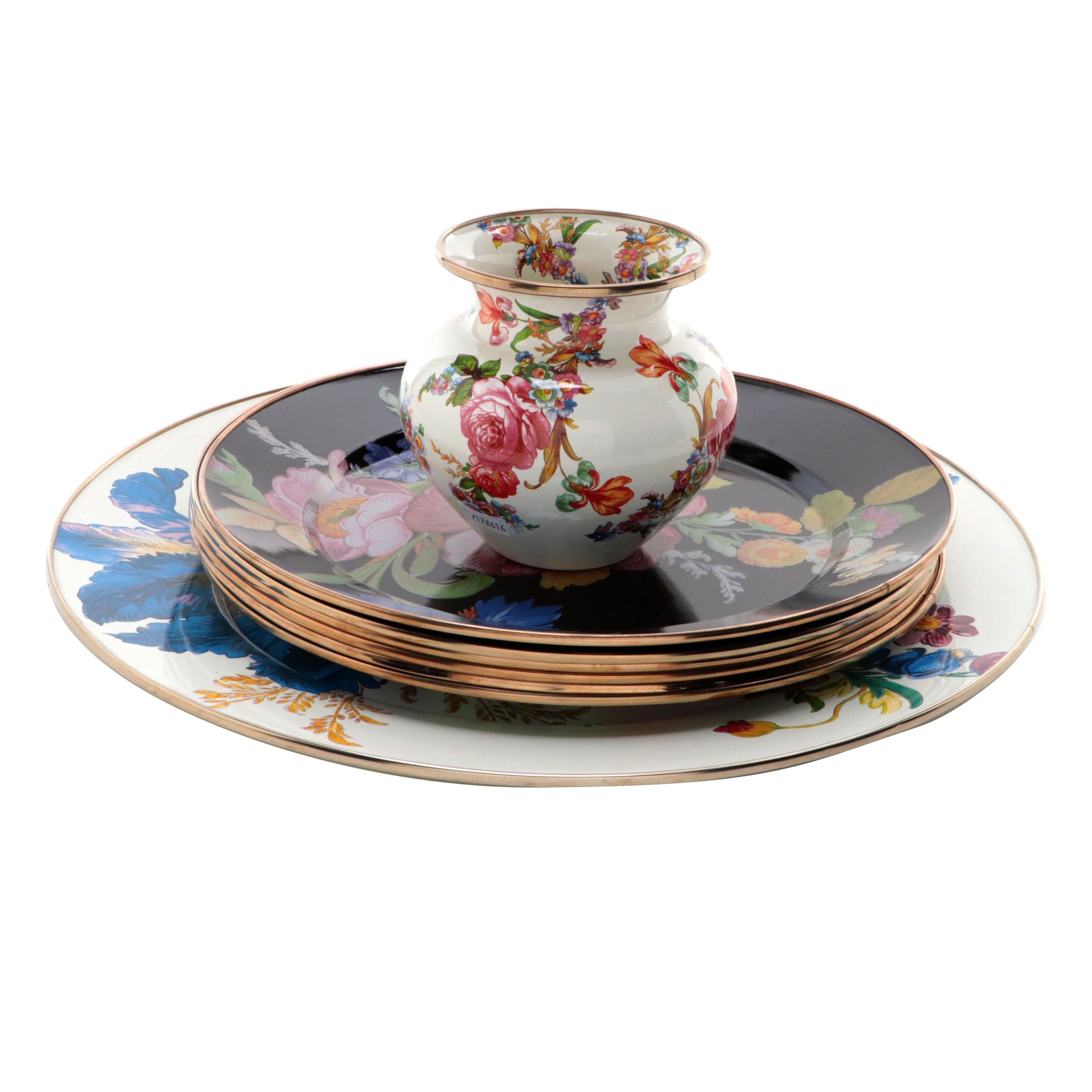 MacKenzie-Childs Enameled  Metal "Flower Market" Vase and Dinnerware
