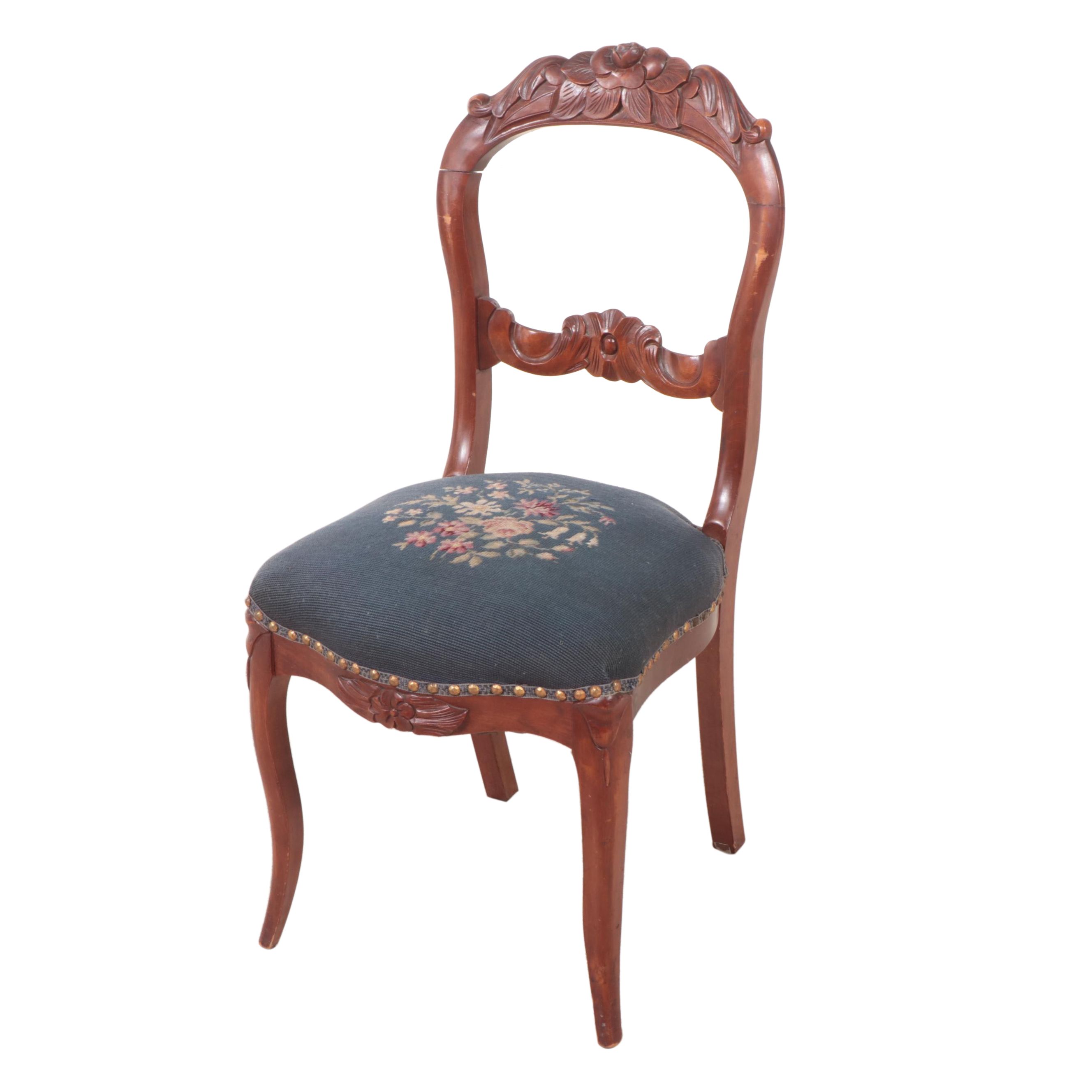 Victorian Style Mahogany-Finish and Needlepoint Upholstered Balloon Back Chair
