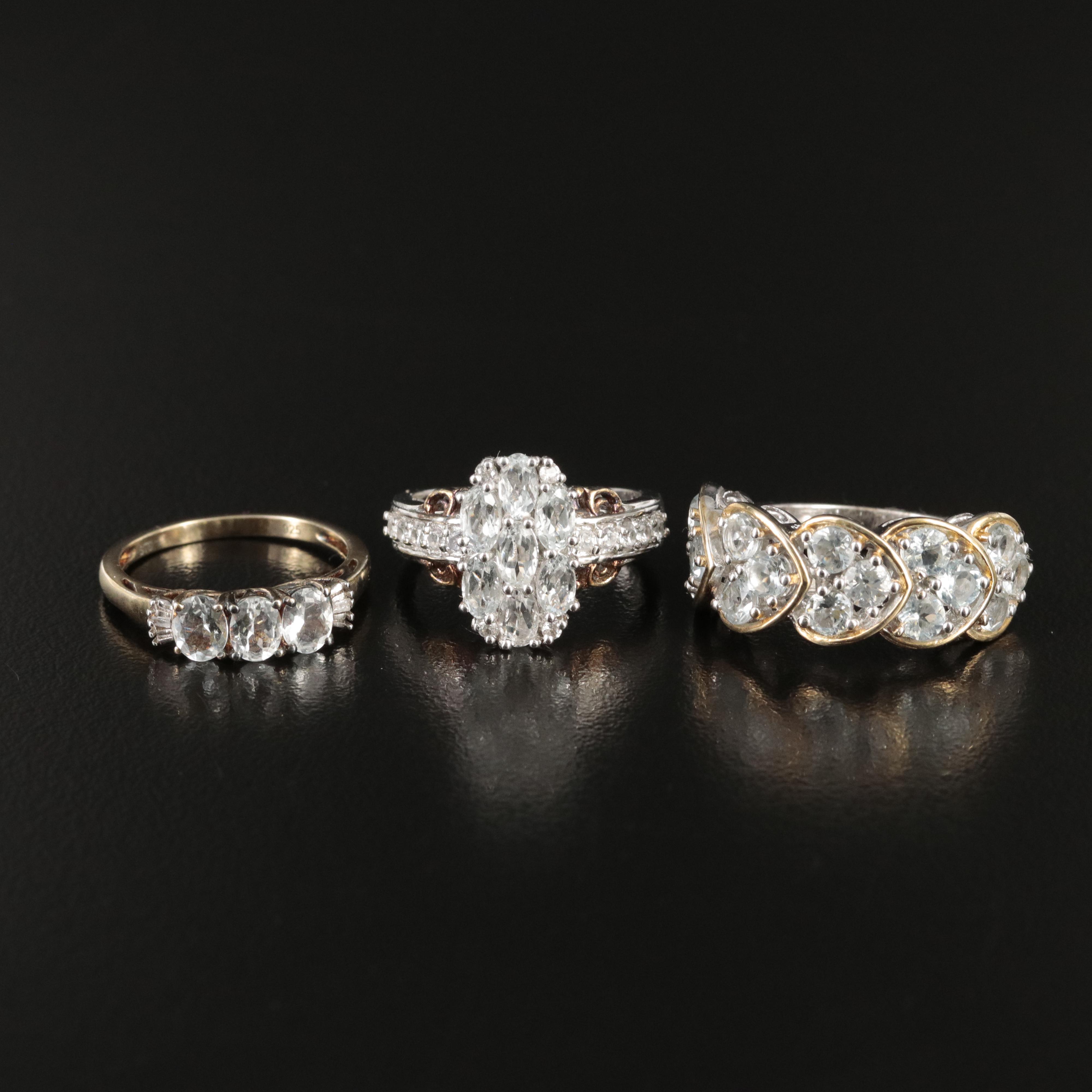 Trio of rings with Goshenite, Diamond and White Zircon in Sterling