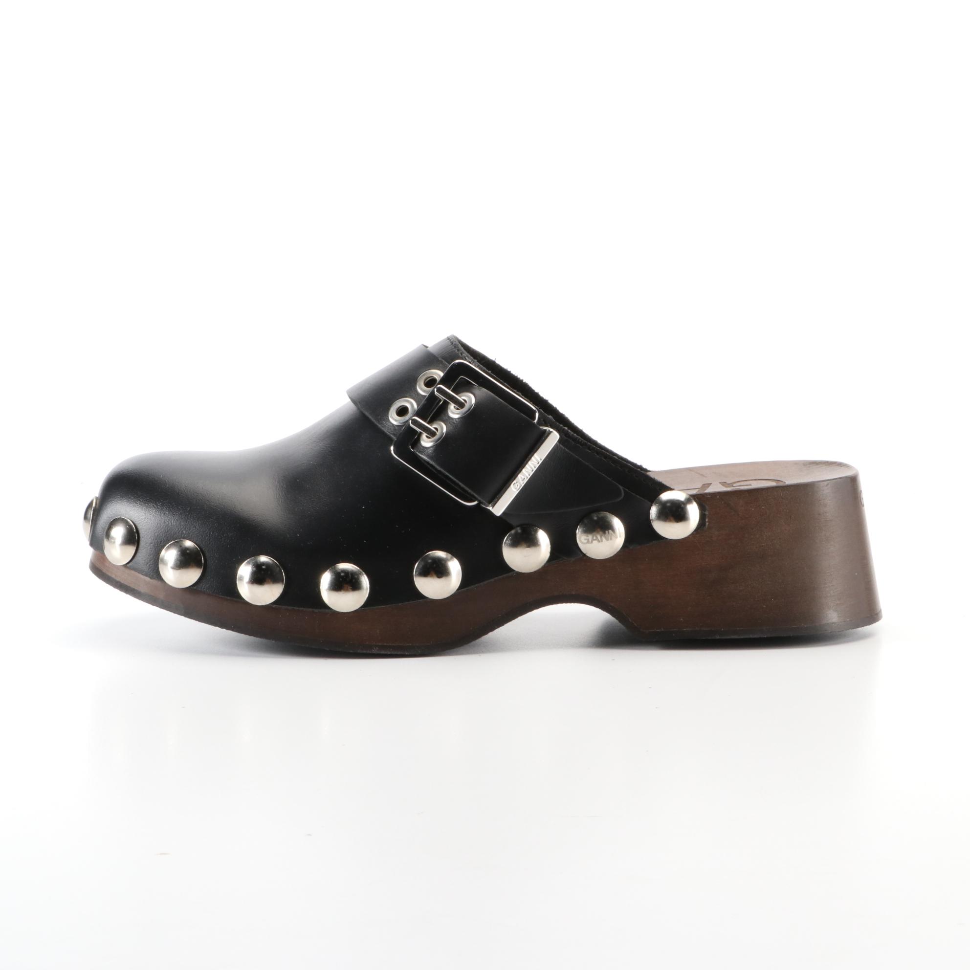 Ganni Studded Clogs in Black Leather with Box