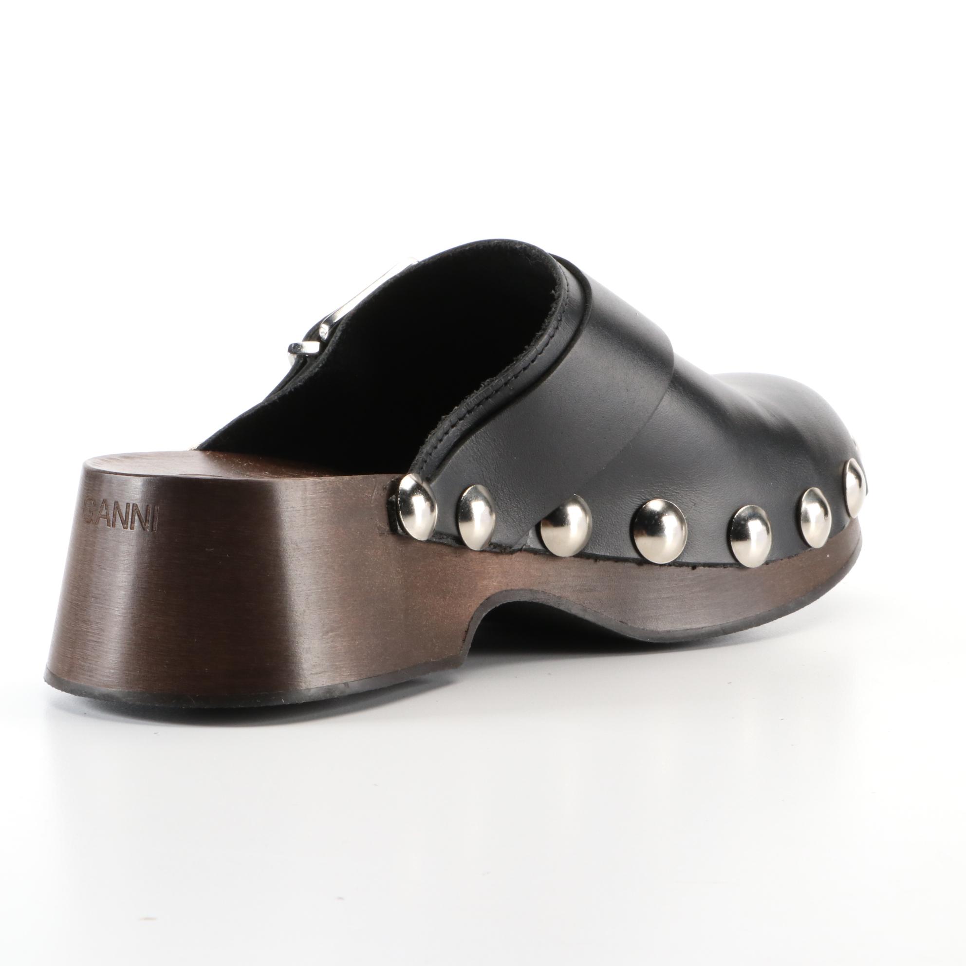 Ganni Studded Clogs in Black Leather with Box