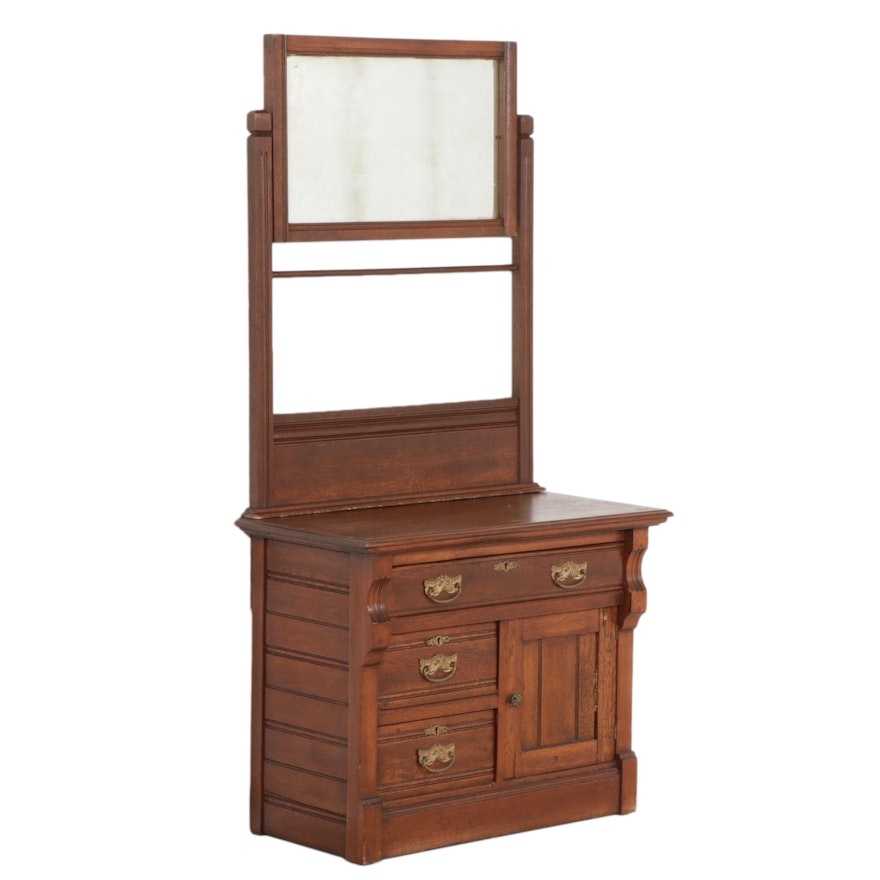 Victorian Oak Washstand and Mirror, Late 19th to Early 20th Century
