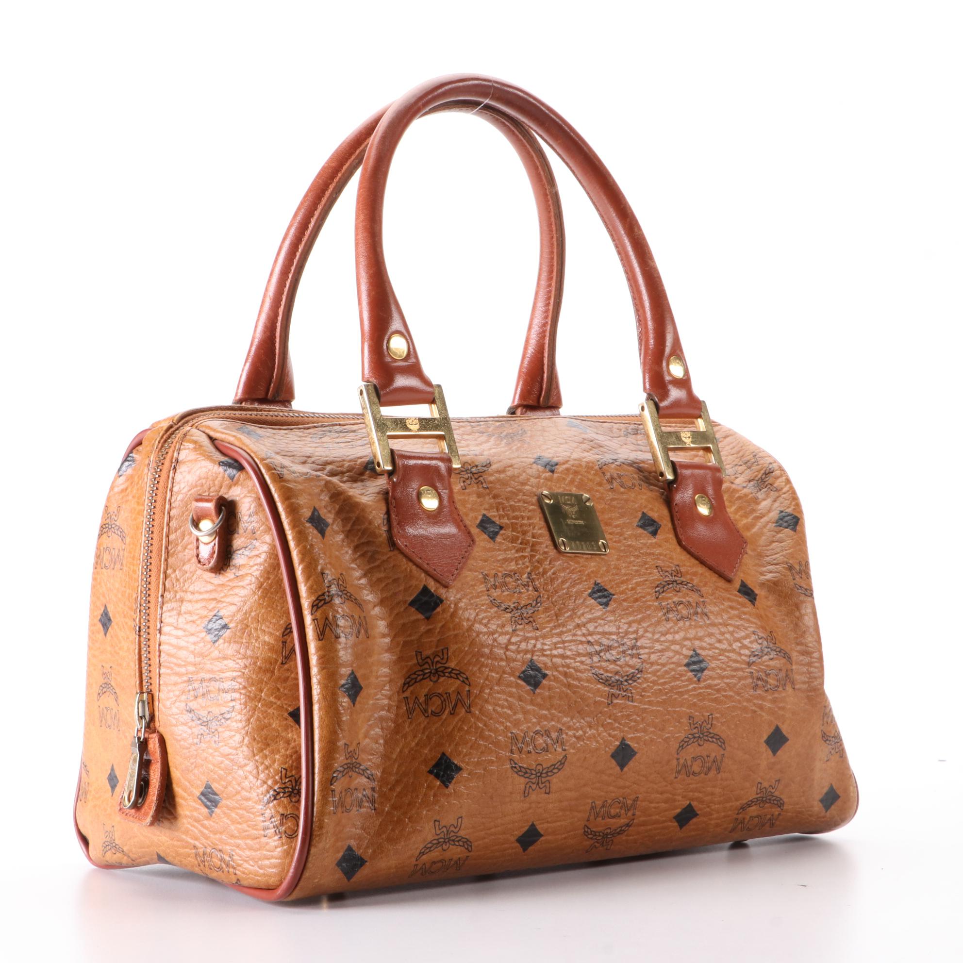 MCM Small Boston Bag in Cognac Monogram Visetos Canvas and Leather