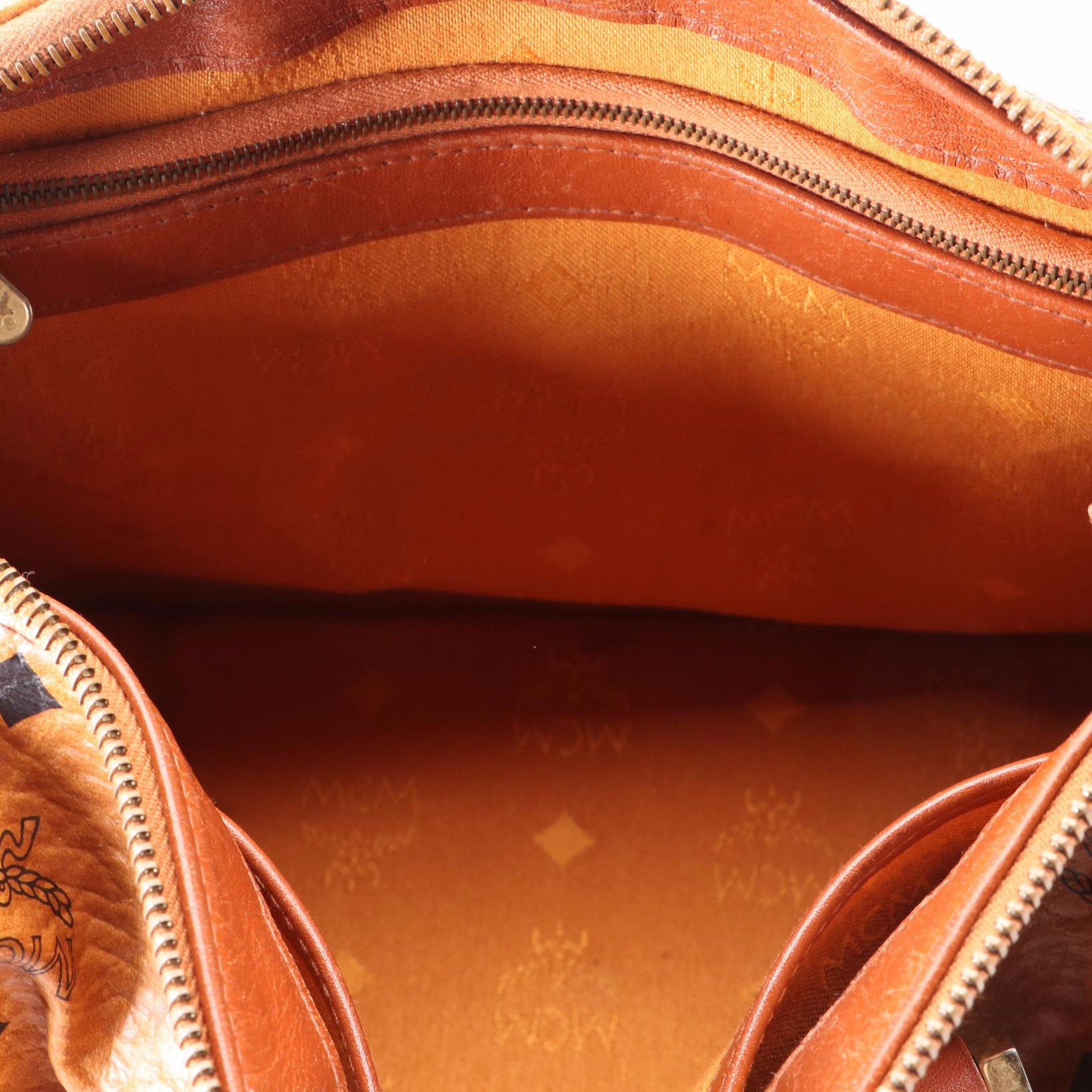 MCM Small Boston Bag in Cognac Monogram Visetos Canvas and Leather