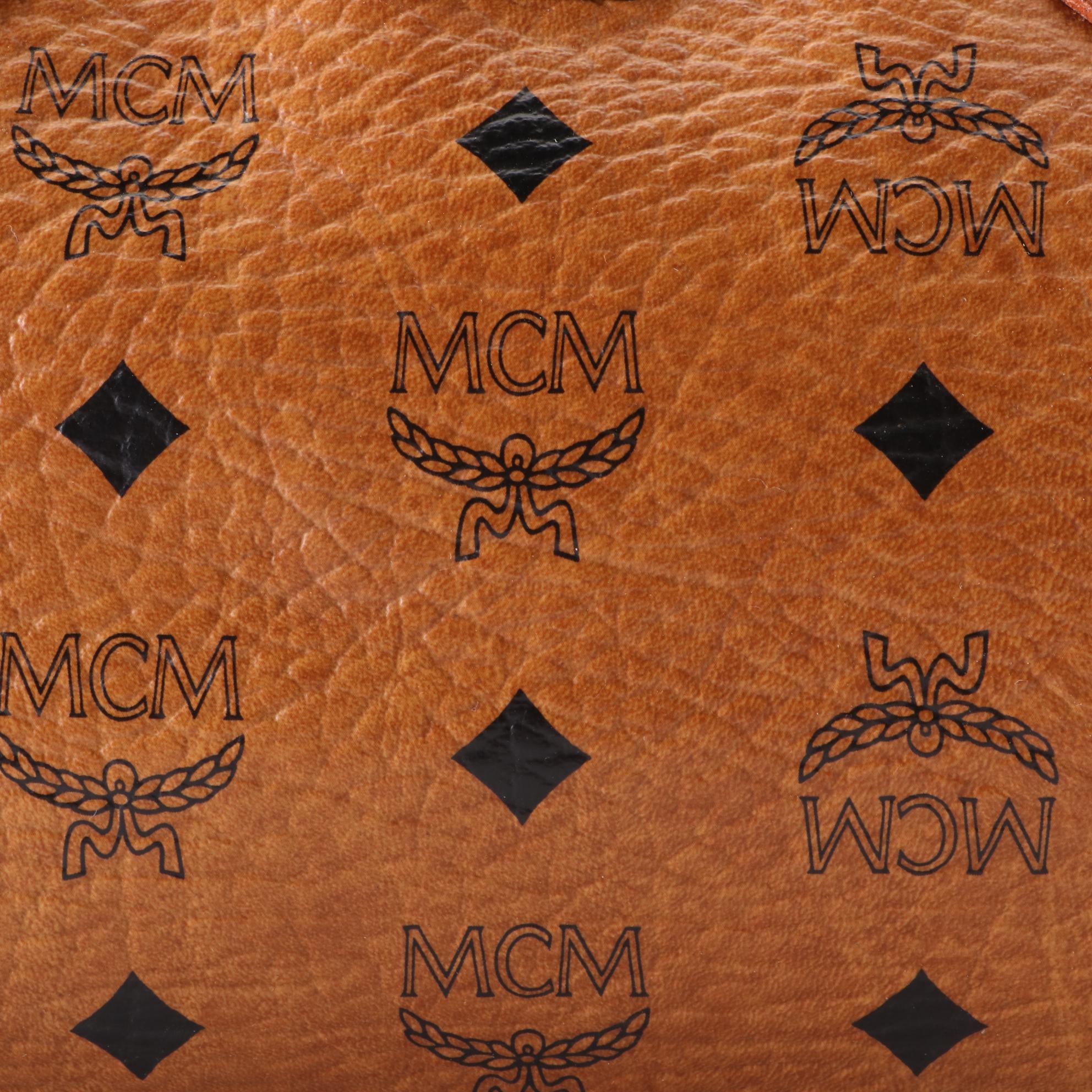 MCM Small Boston Bag in Cognac Monogram Visetos Canvas and Leather