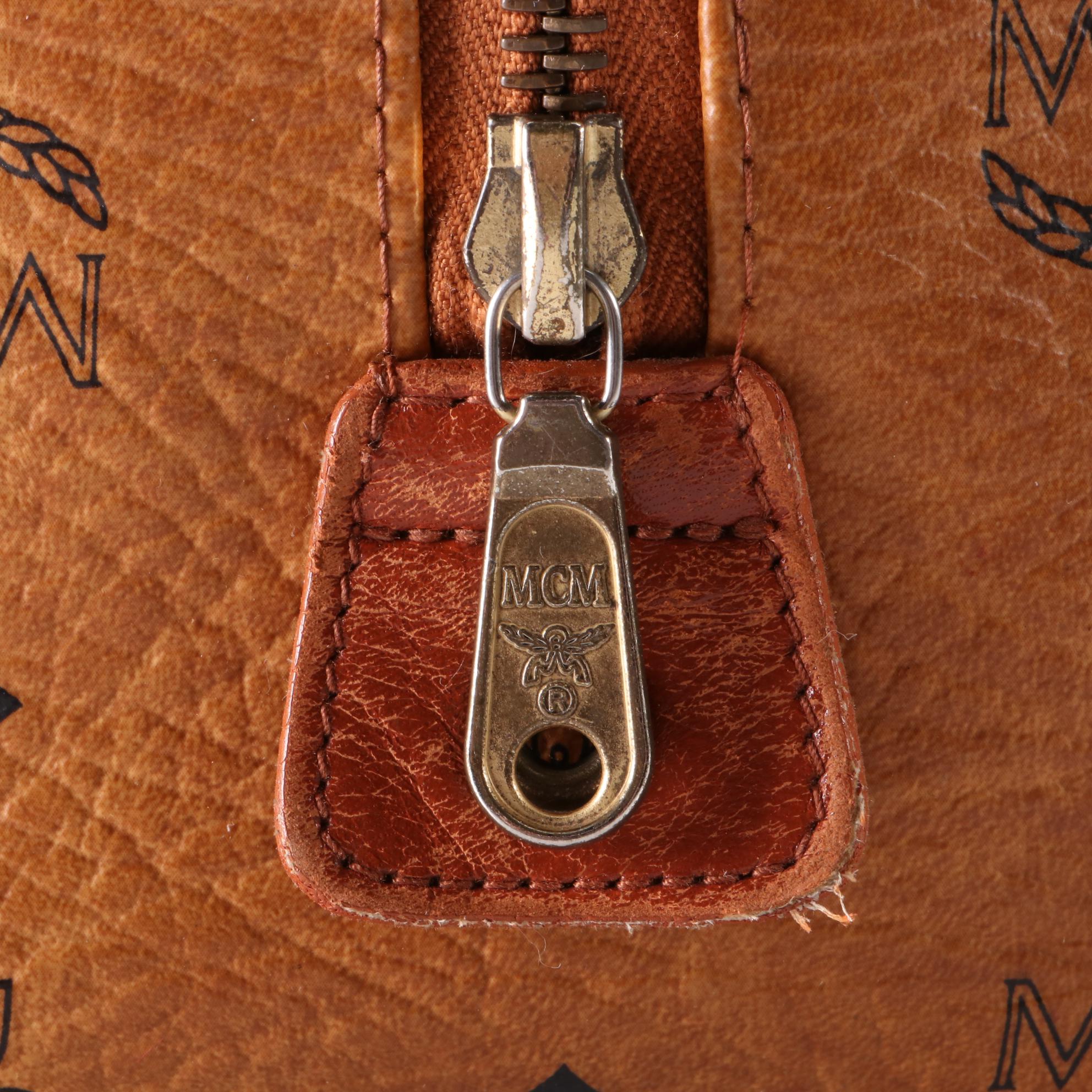 MCM Small Boston Bag in Cognac Monogram Visetos Canvas and Leather