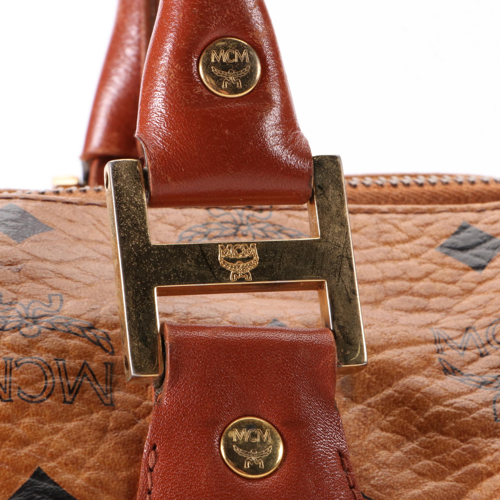 MCM Small Boston Bag in Cognac Monogram Visetos Canvas and Leather