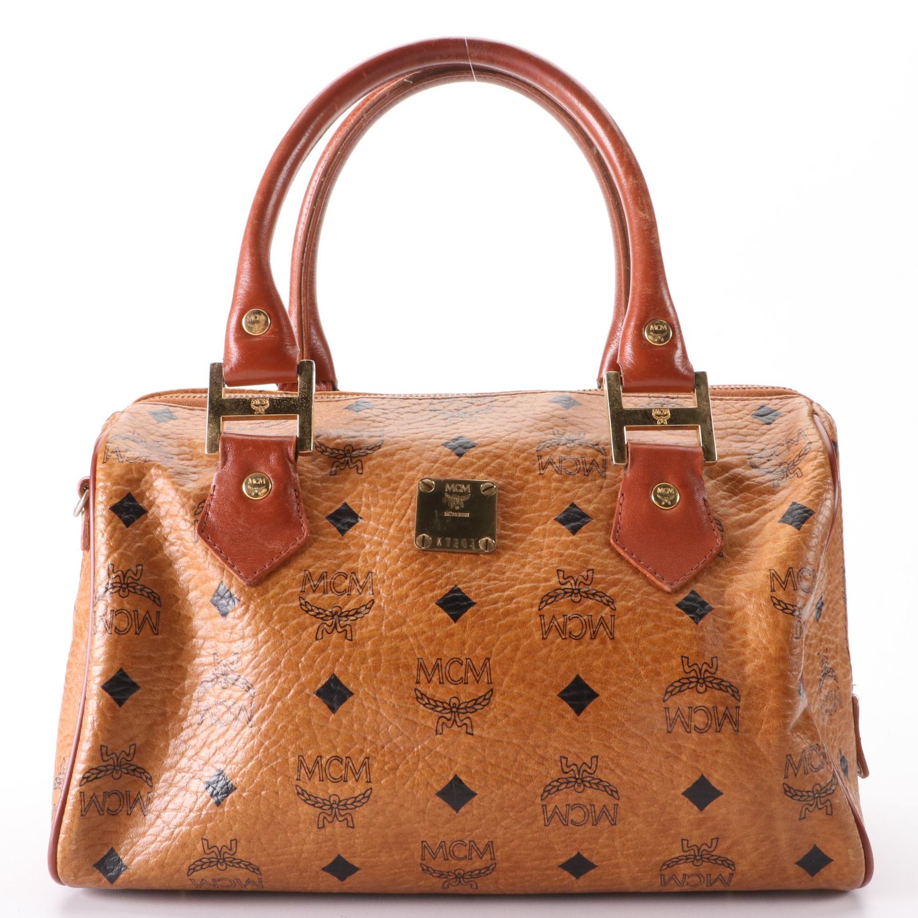 MCM Small Boston Bag in Cognac Monogram Visetos Canvas and Leather