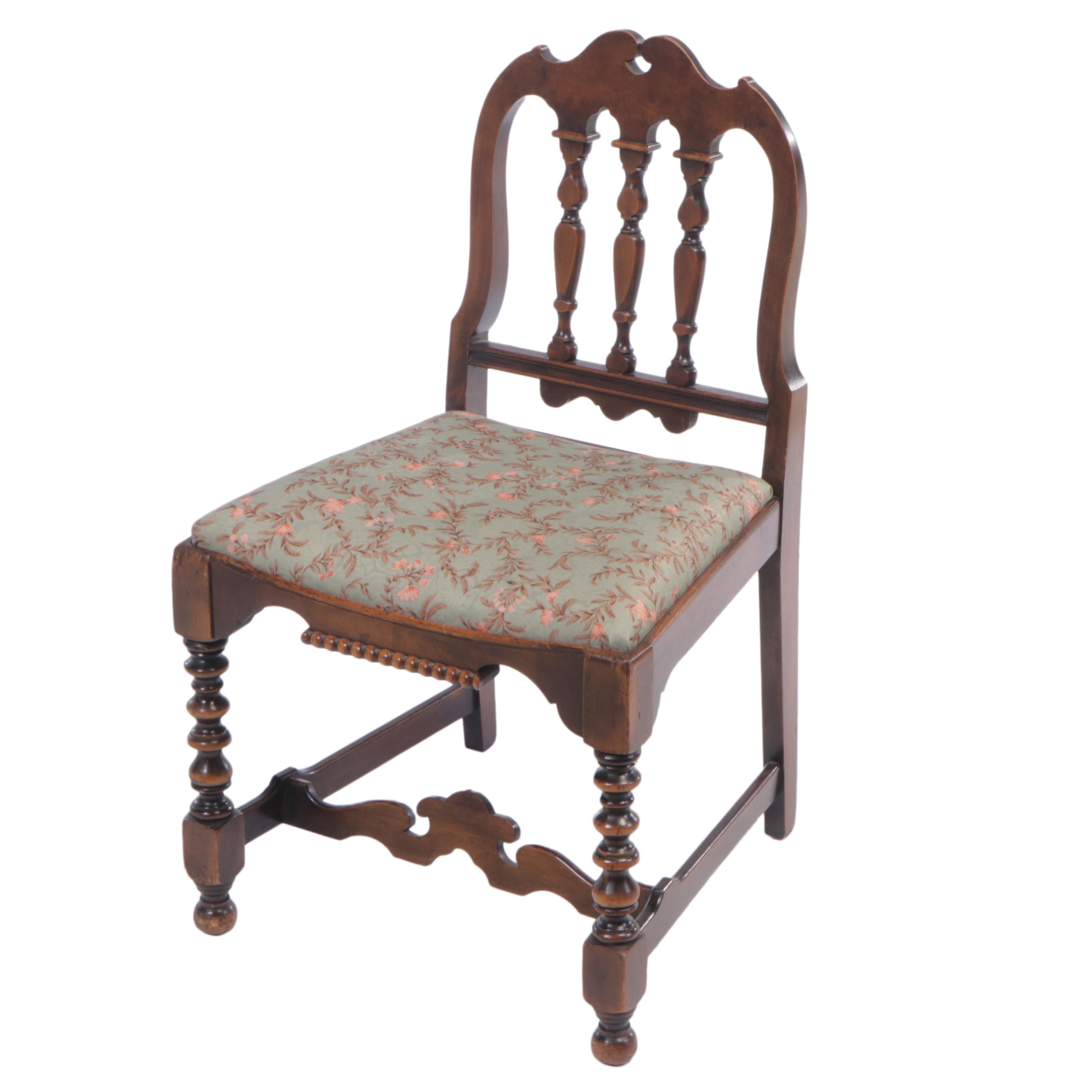 Jacobean Style Walnut and Custom-Upholstered Vanity Chair, circa 1930