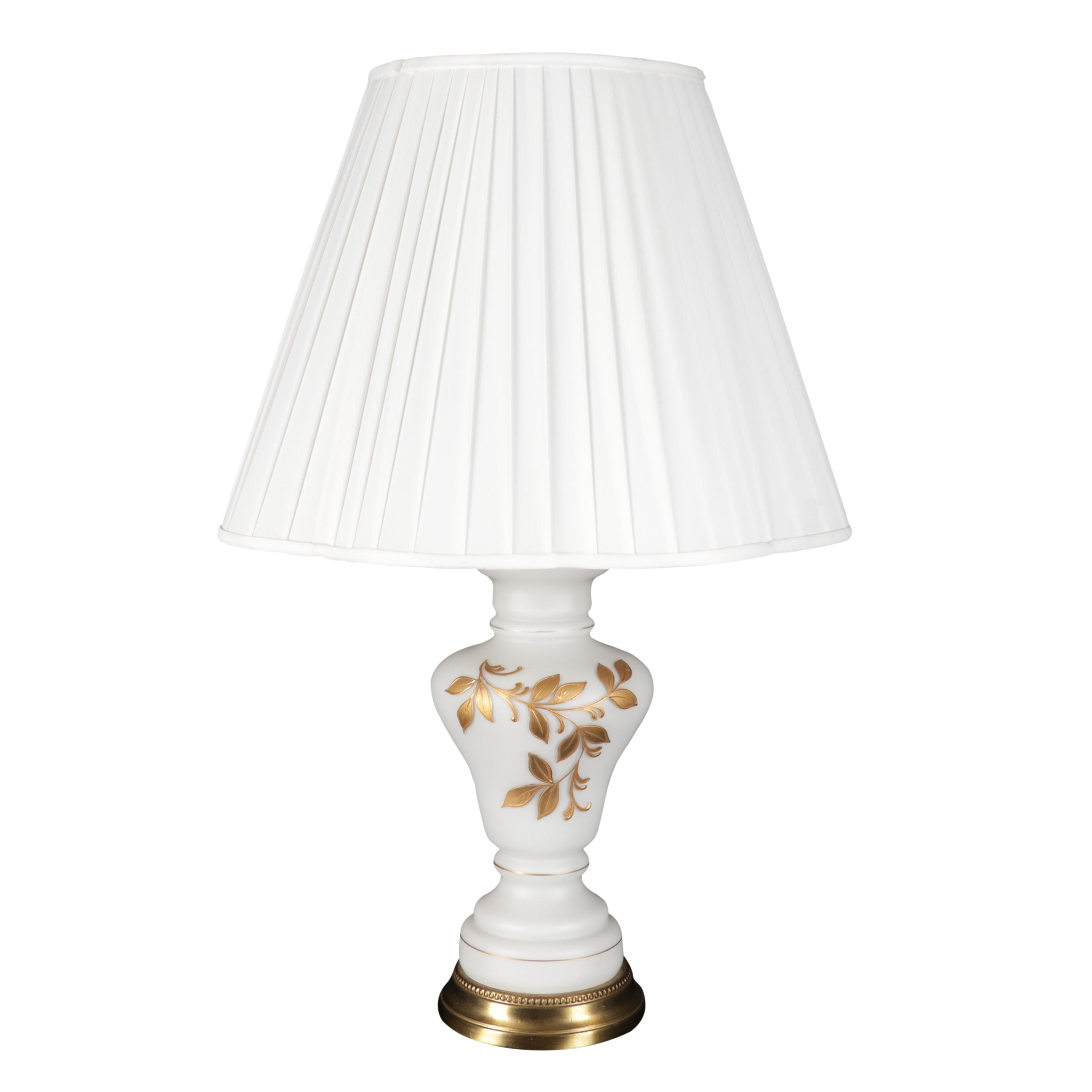 Hand-Painted Gold on White Glass Table Lamp, Late 20th Century