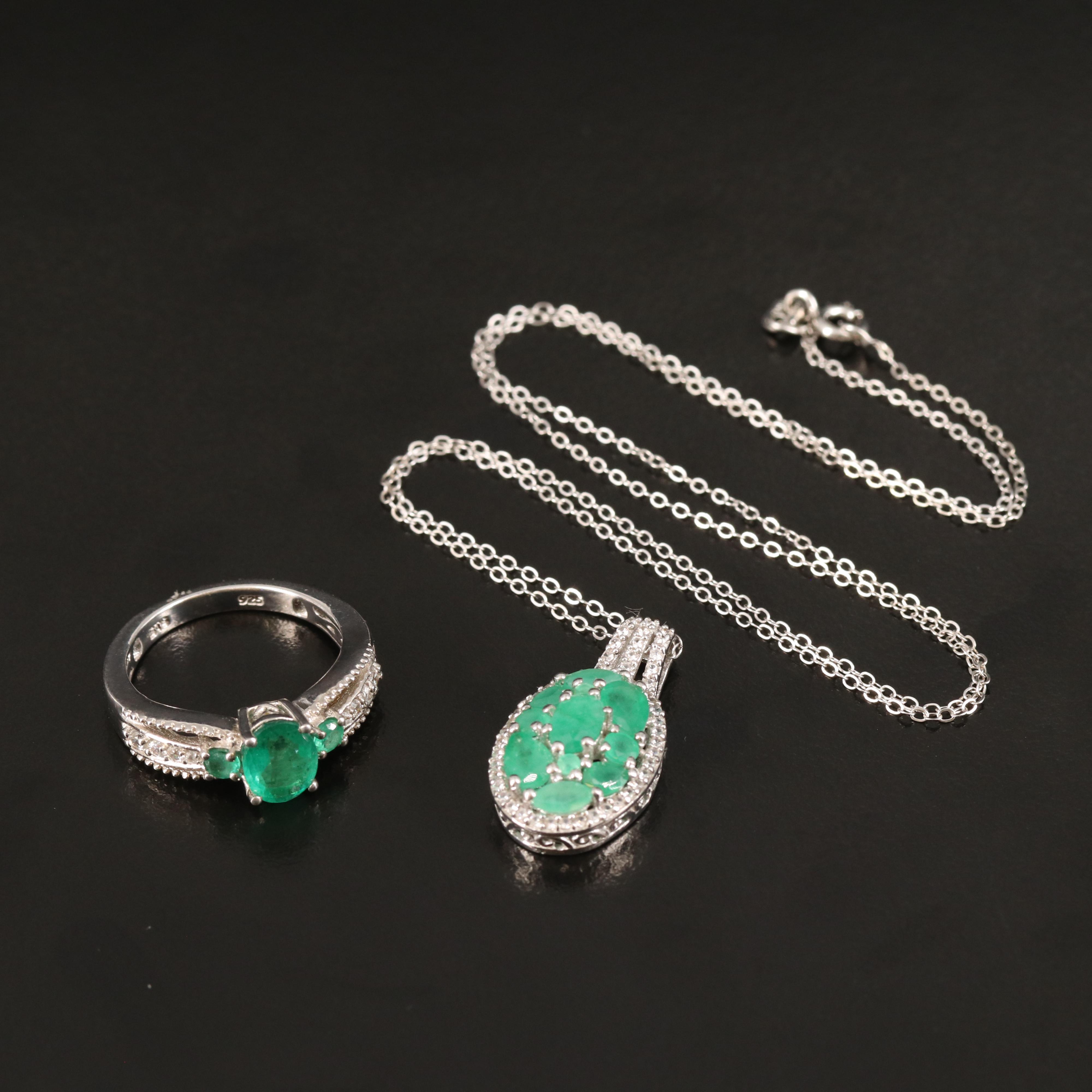 Sterling Ring and Pendant Necklace with Emerald and Zircon