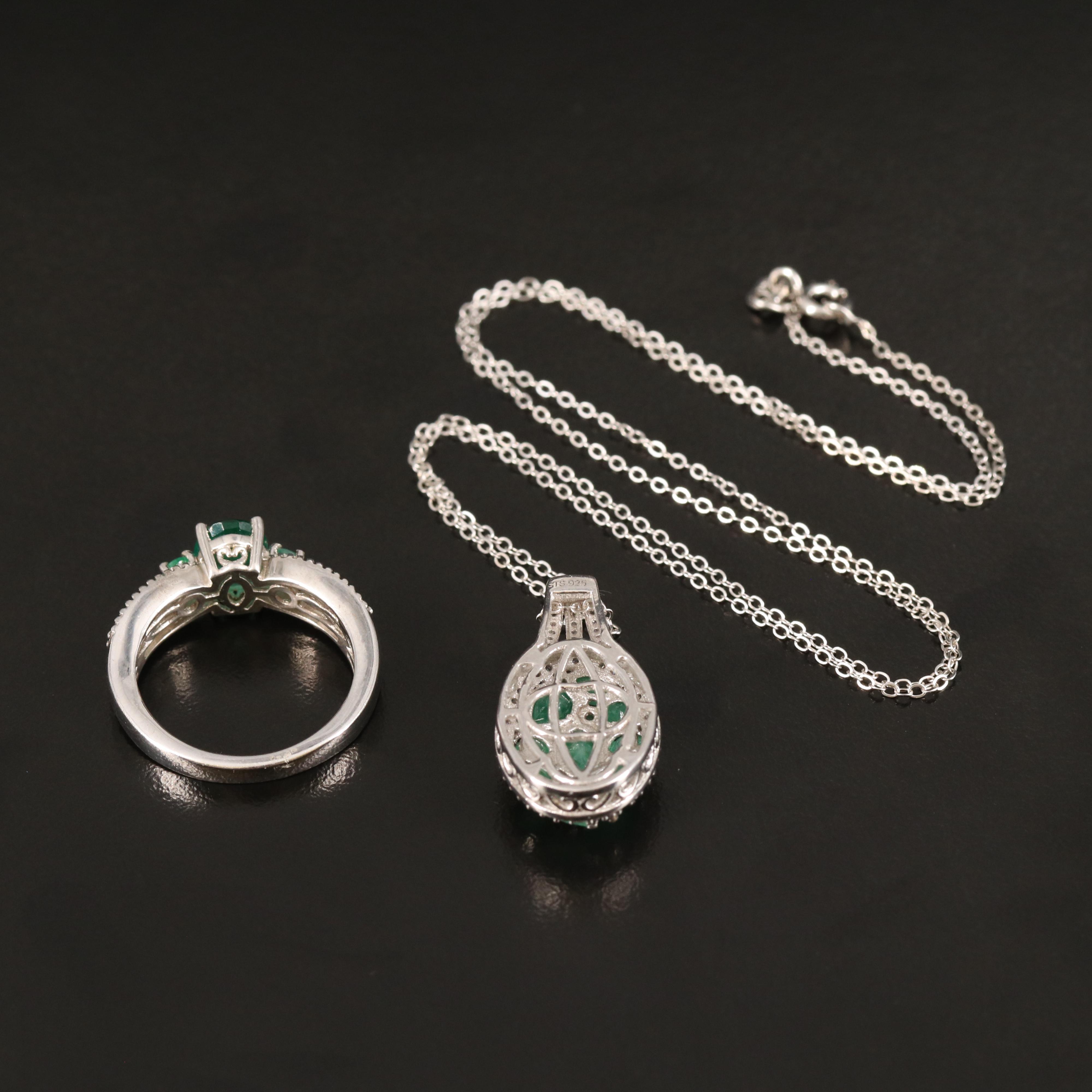 Sterling Ring and Pendant Necklace with Emerald and Zircon