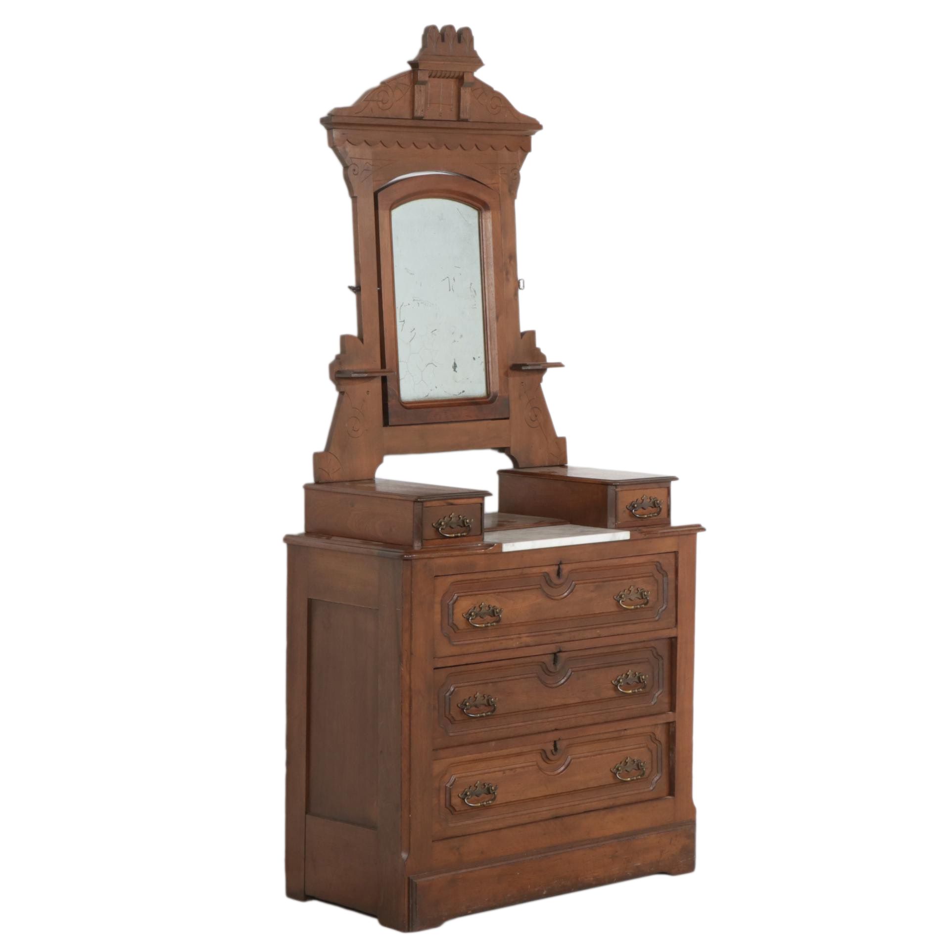 Victorian Walnut Dresser with Marble Insert Top, Late 19th to Early 20th Century