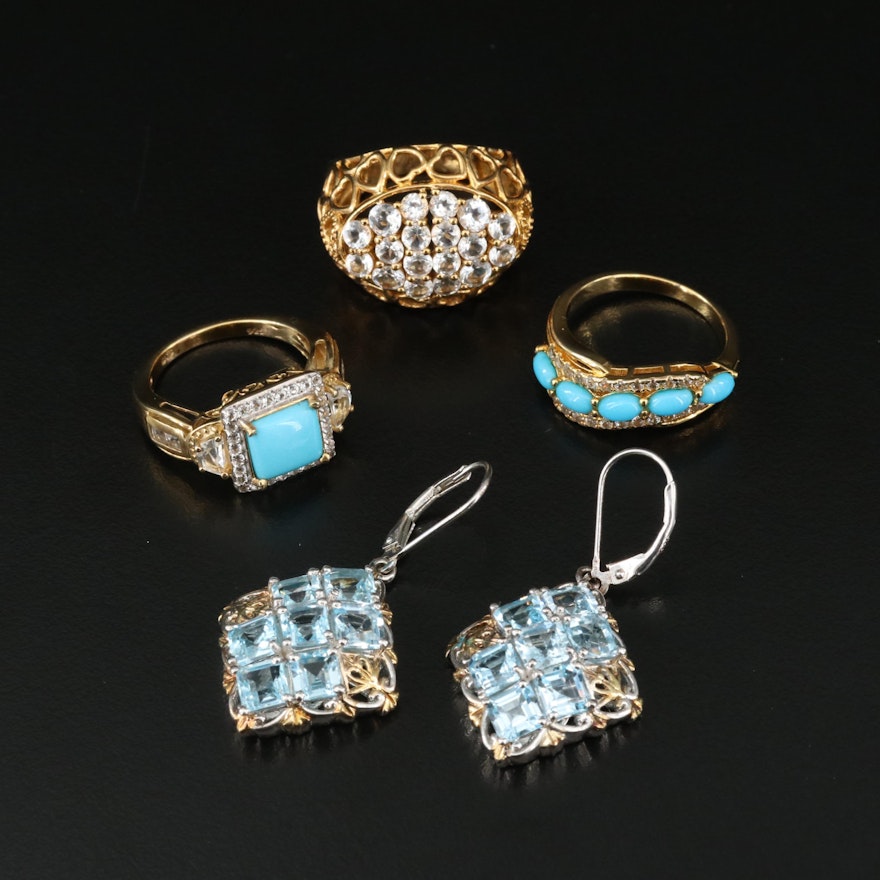 Sterling Sky Blue Topaz, Turquoise and White Topaz Rings and Earrings