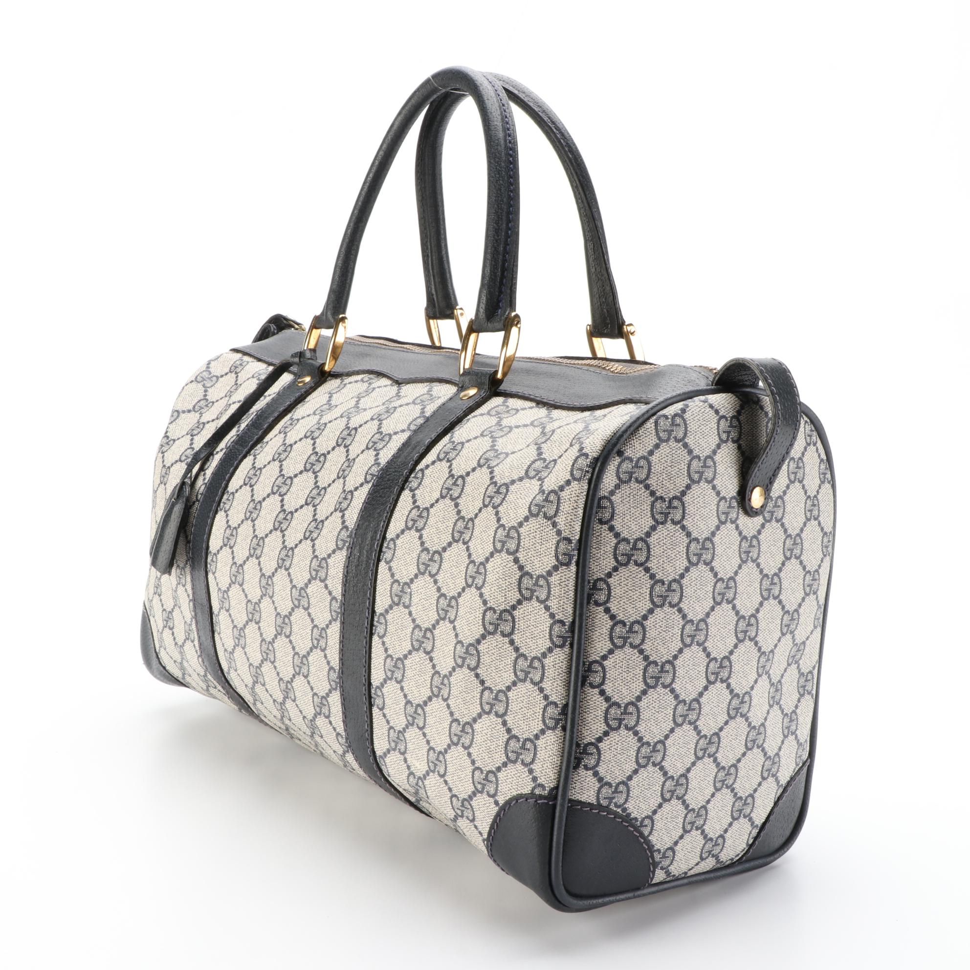 Gucci Boston Bag in Navy GG Supreme Canvas and Cinghiale Leather Trim
