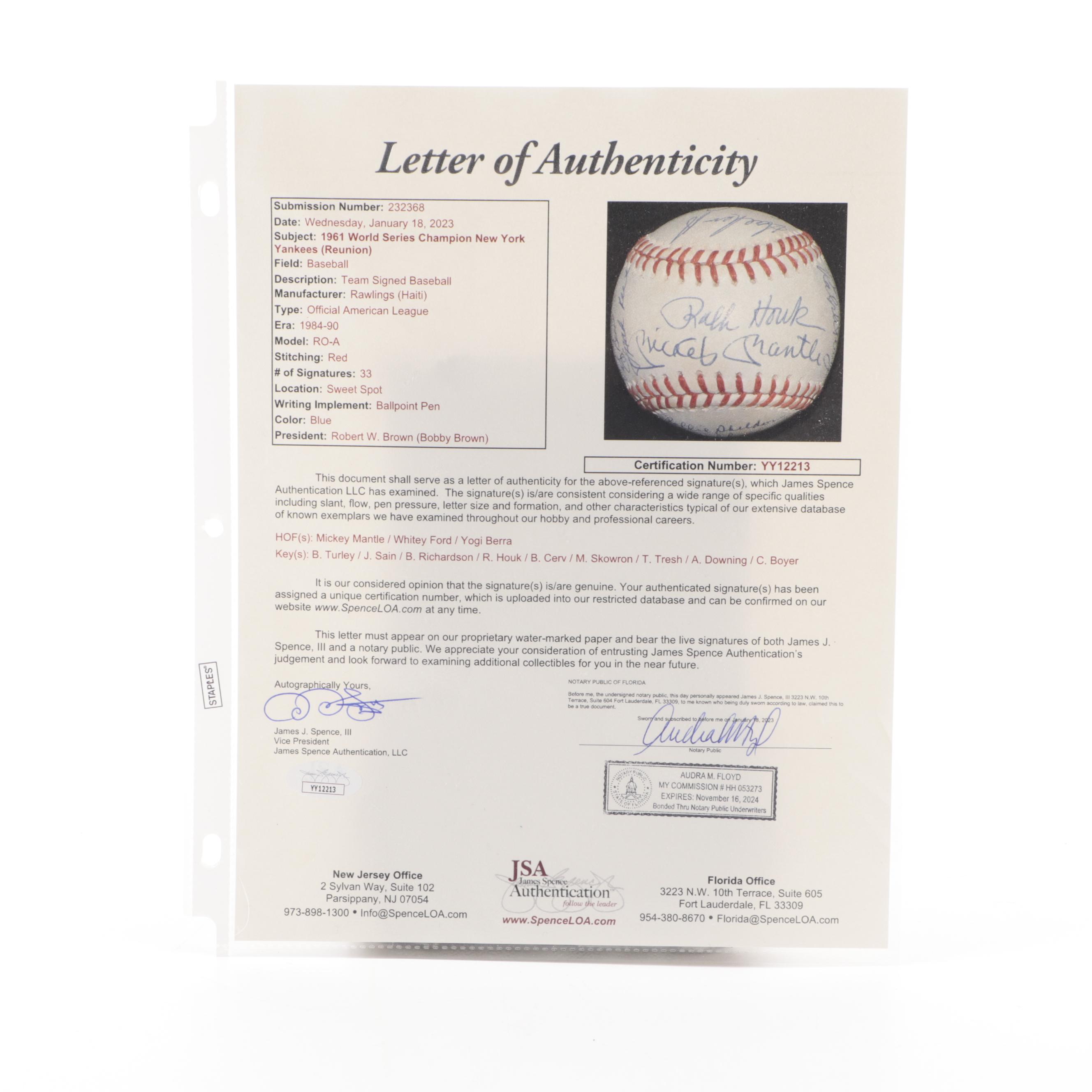 1961 New York Yankees Team Reunion Signed Rawlings Baseball Including Mantle