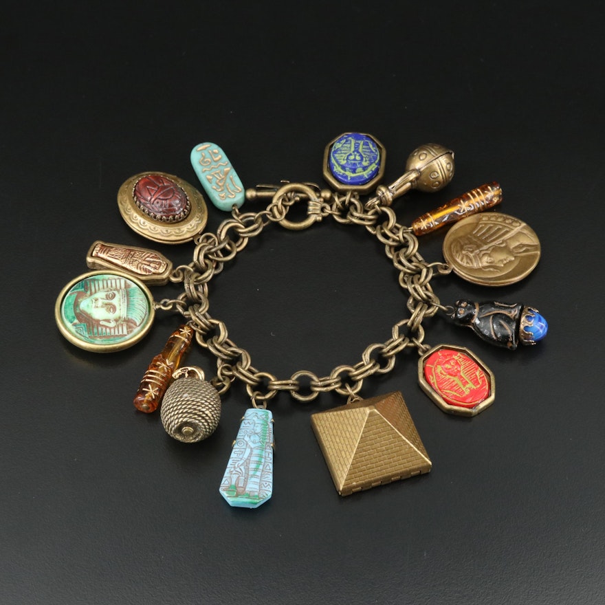 Sweet Romance "King Tut" Charm Bracelet with Vintage Bohemian and Egyptian Glass