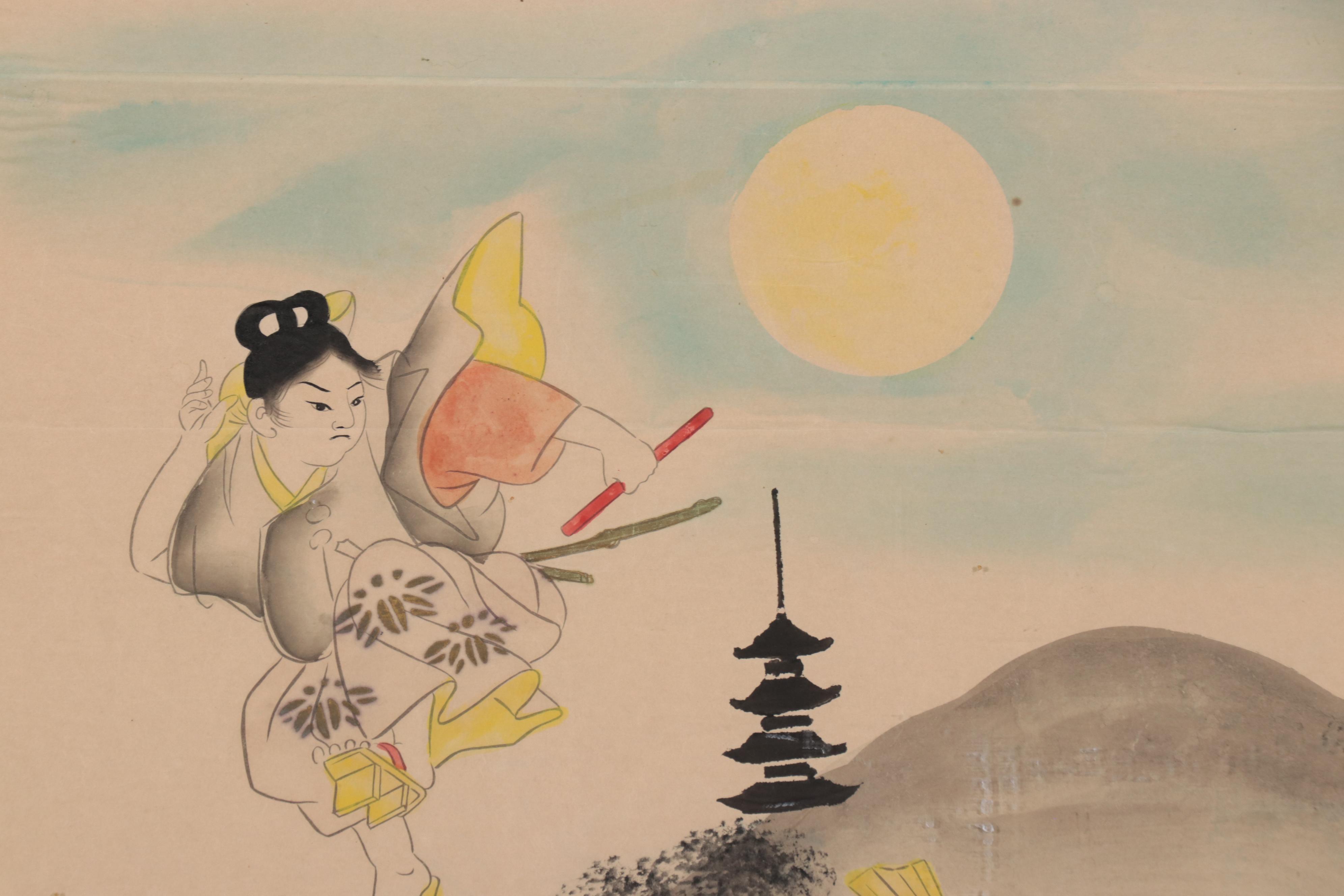 Japanese Watercolor Painting of Mythological Figures Fighting, Late 20th Century