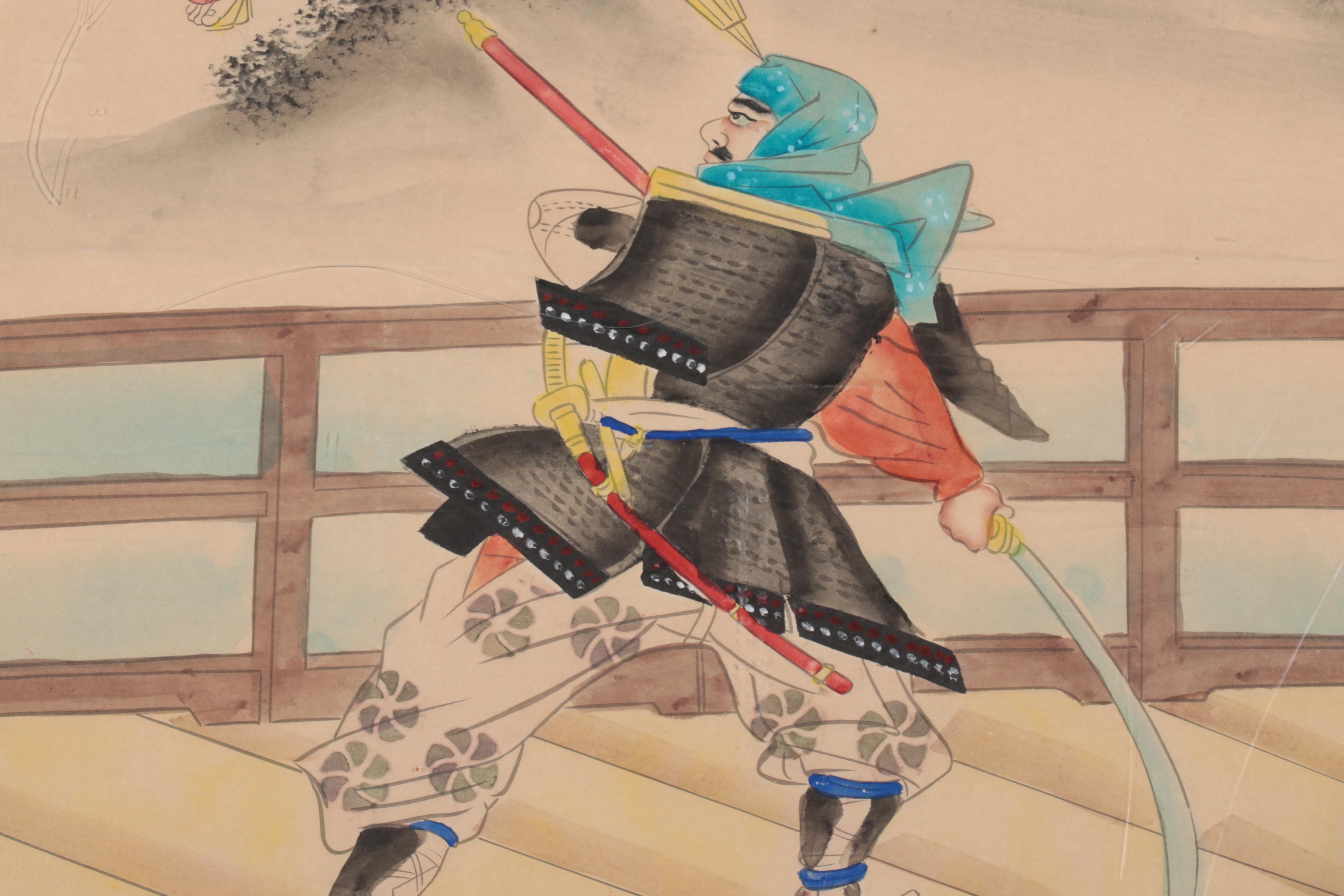 Japanese Watercolor Painting of Mythological Figures Fighting, Late 20th Century