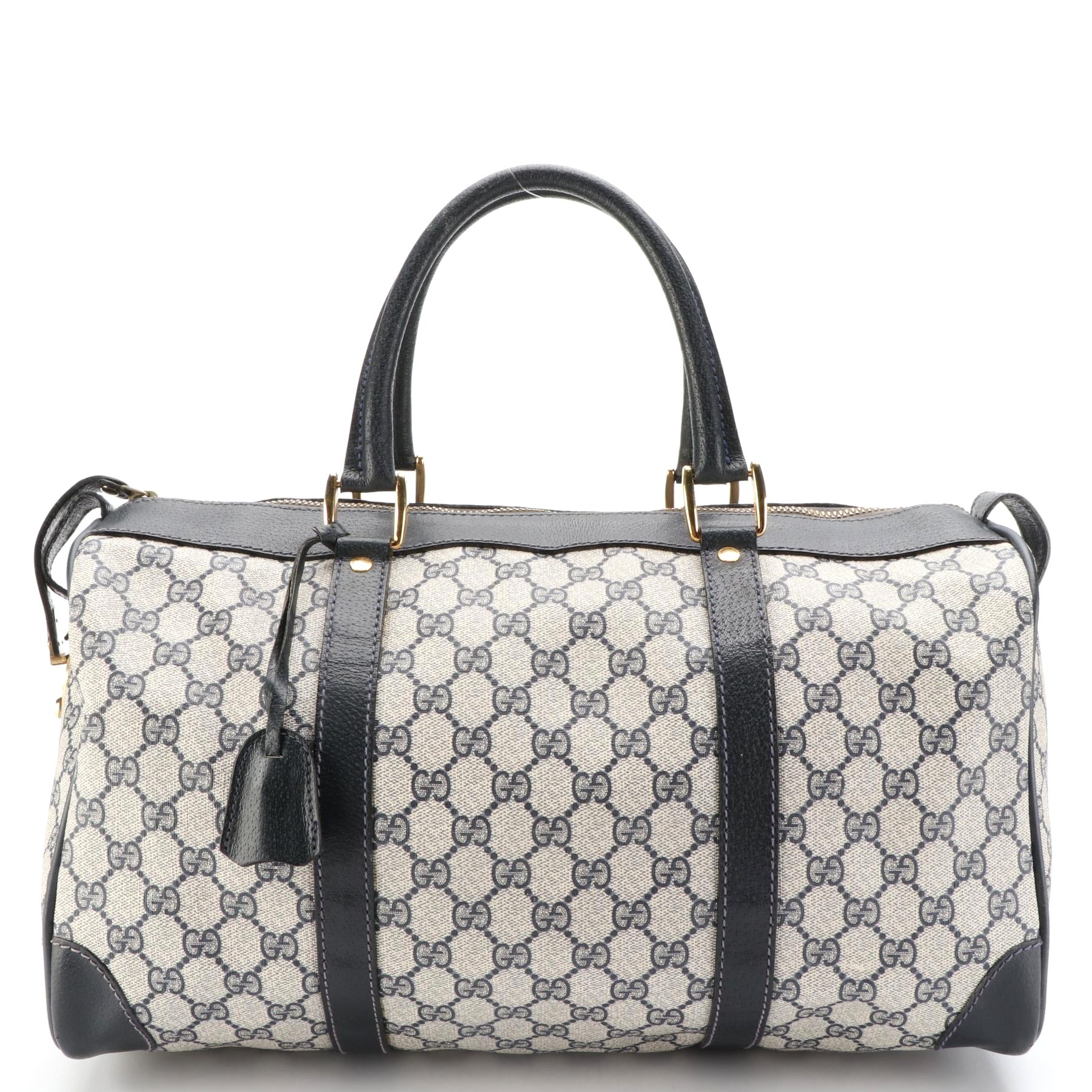 Gucci Boston Bag in Navy GG Supreme Canvas and Cinghiale Leather Trim