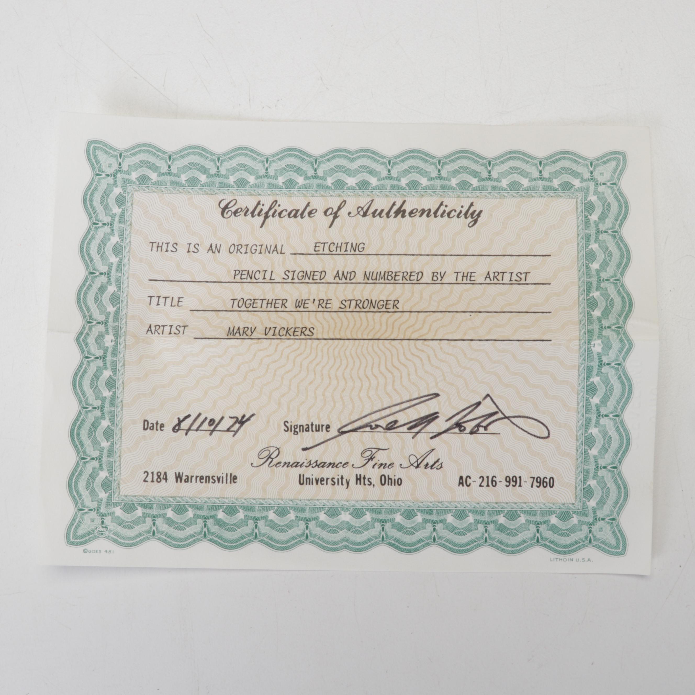 Mary Vickers Etching With Aquatint "Together We're Stronger," 1974