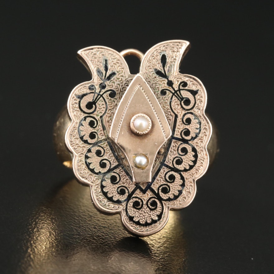 Victorian and Vintage 10K and 14K Assembled Ring with Seed Pearl and Enamel