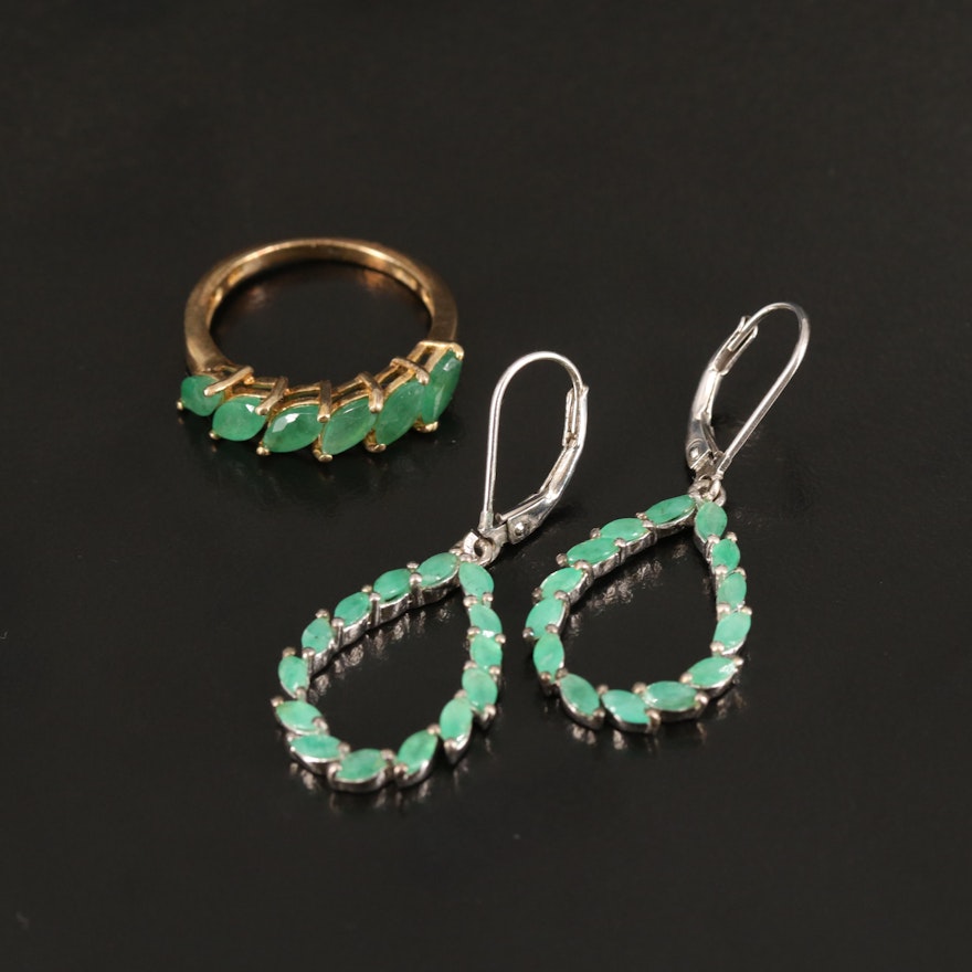 Emerald Teardrop Earrings and Six Stone Ring in Sterling