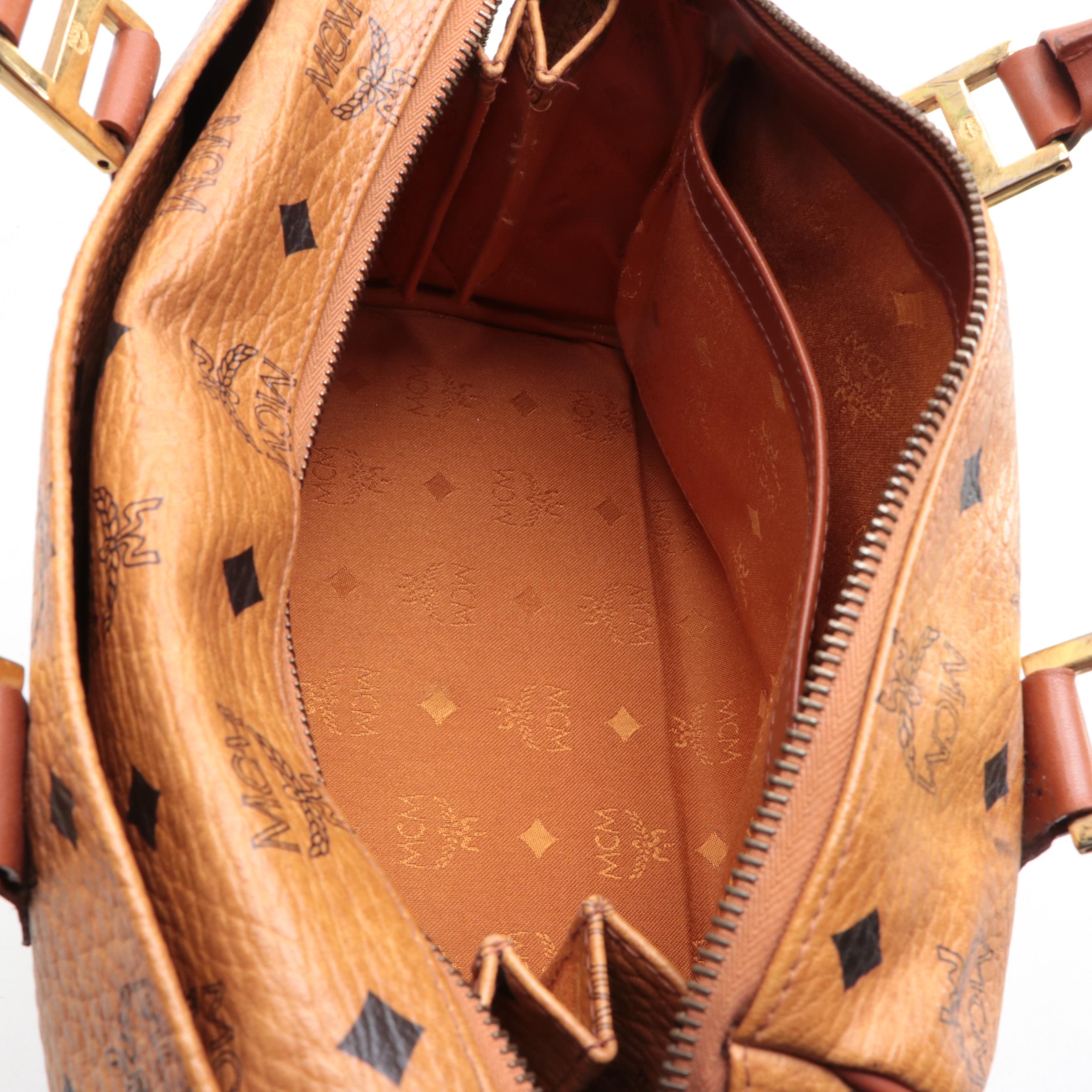 MCM München Boston Bag in Cognac Visetos Coated Canvas