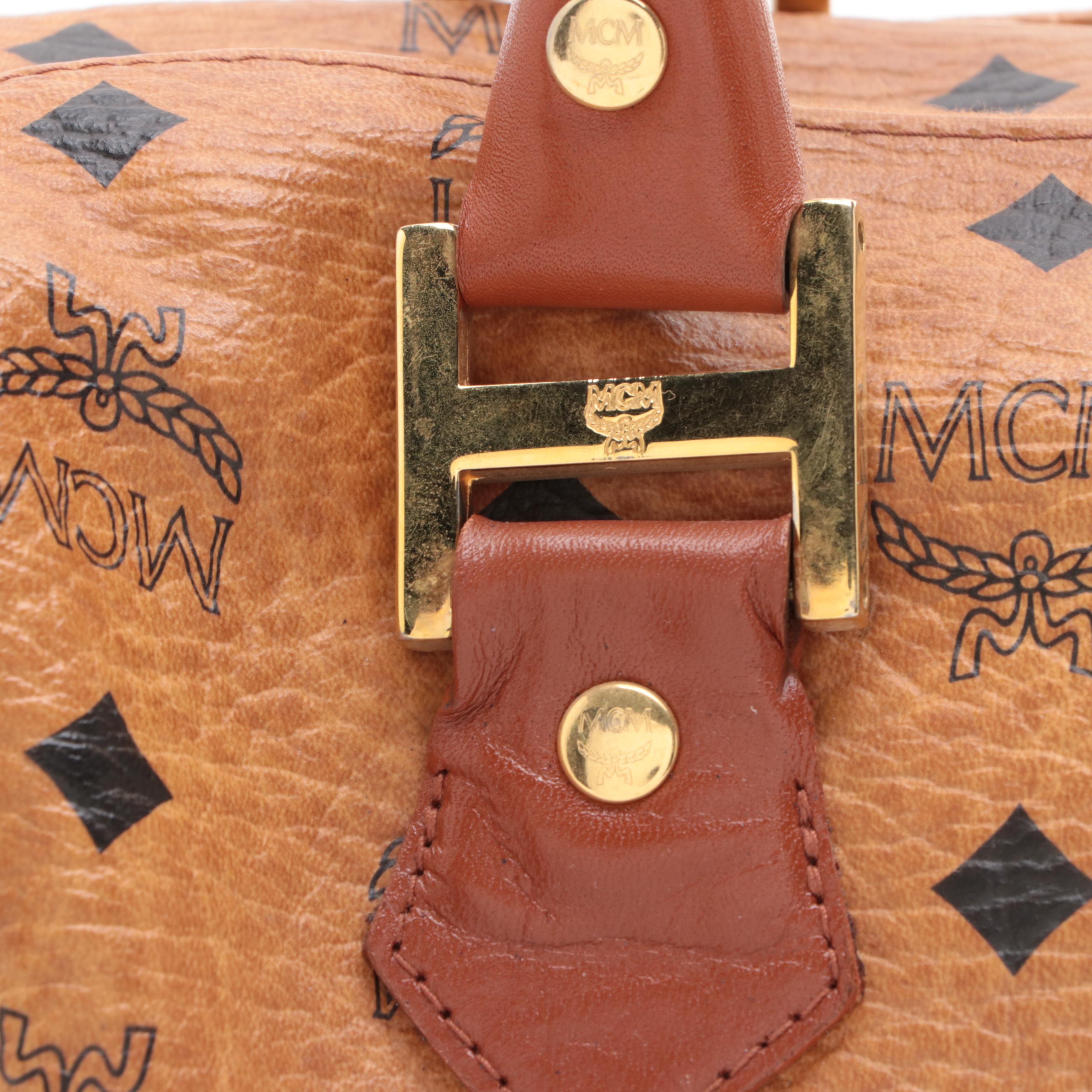 MCM München Boston Bag in Cognac Visetos Coated Canvas
