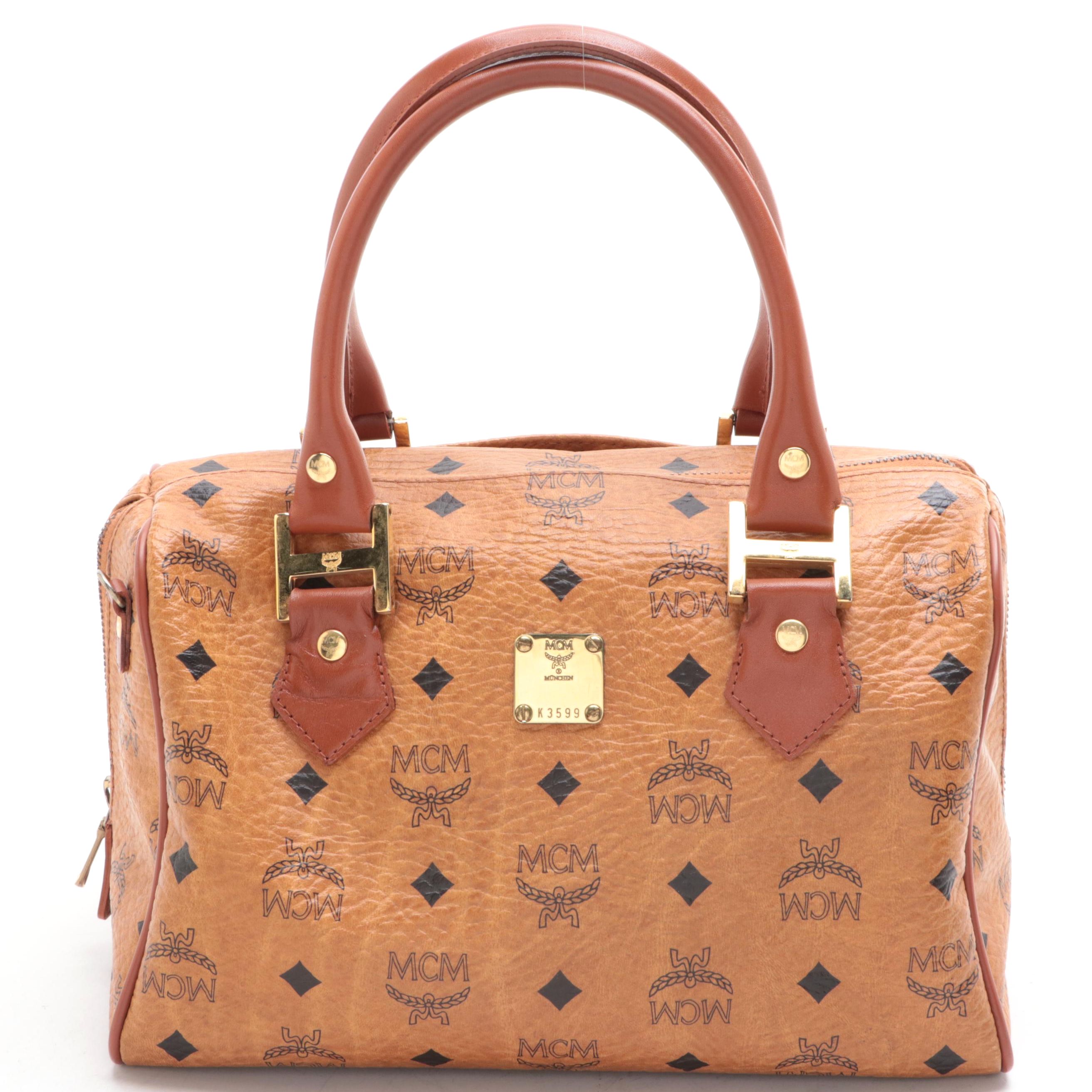MCM München Boston Bag in Cognac Visetos Coated Canvas