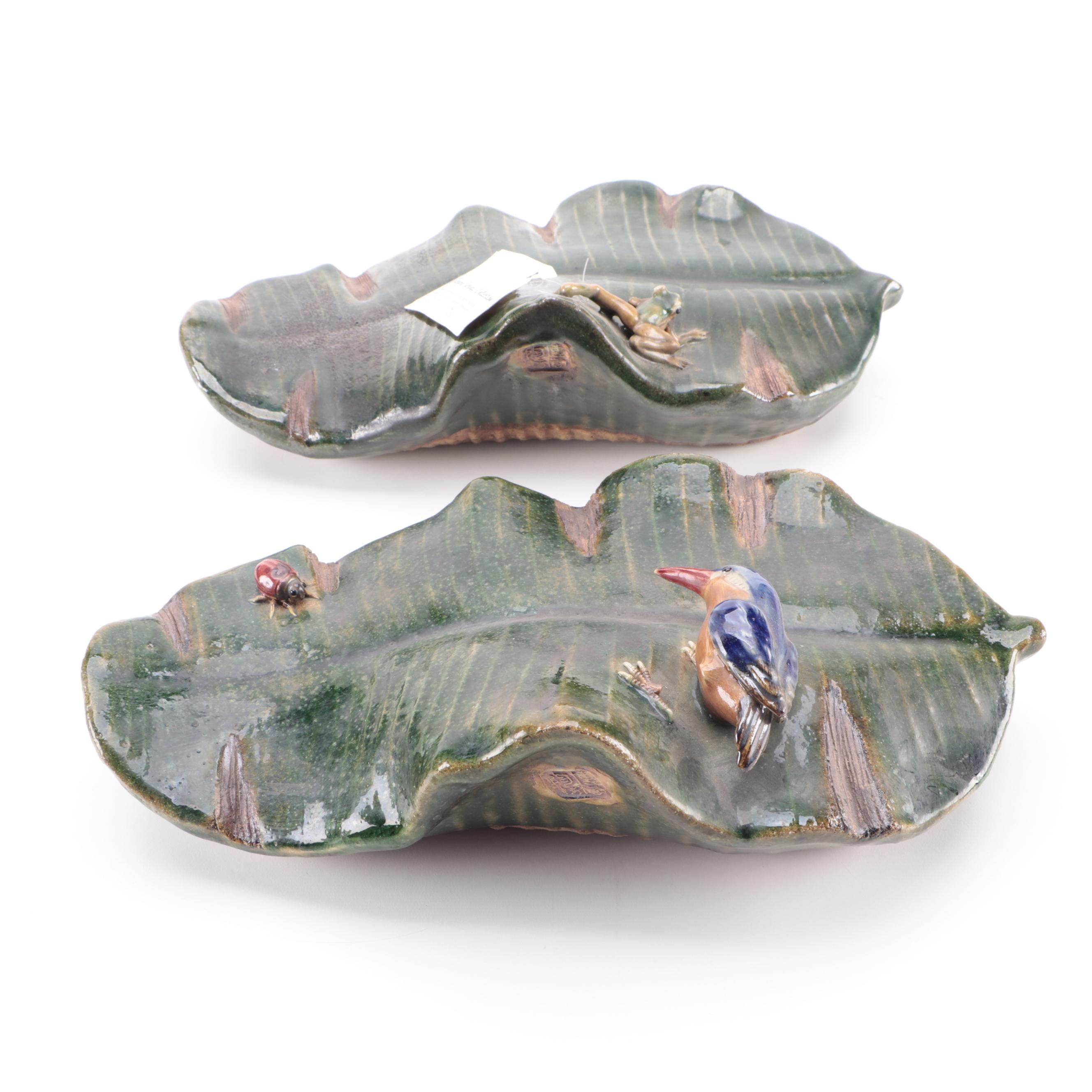 Pair of Chinese Shiwan Kilns Stoneware Banana Leaf-Form Wall Pockets