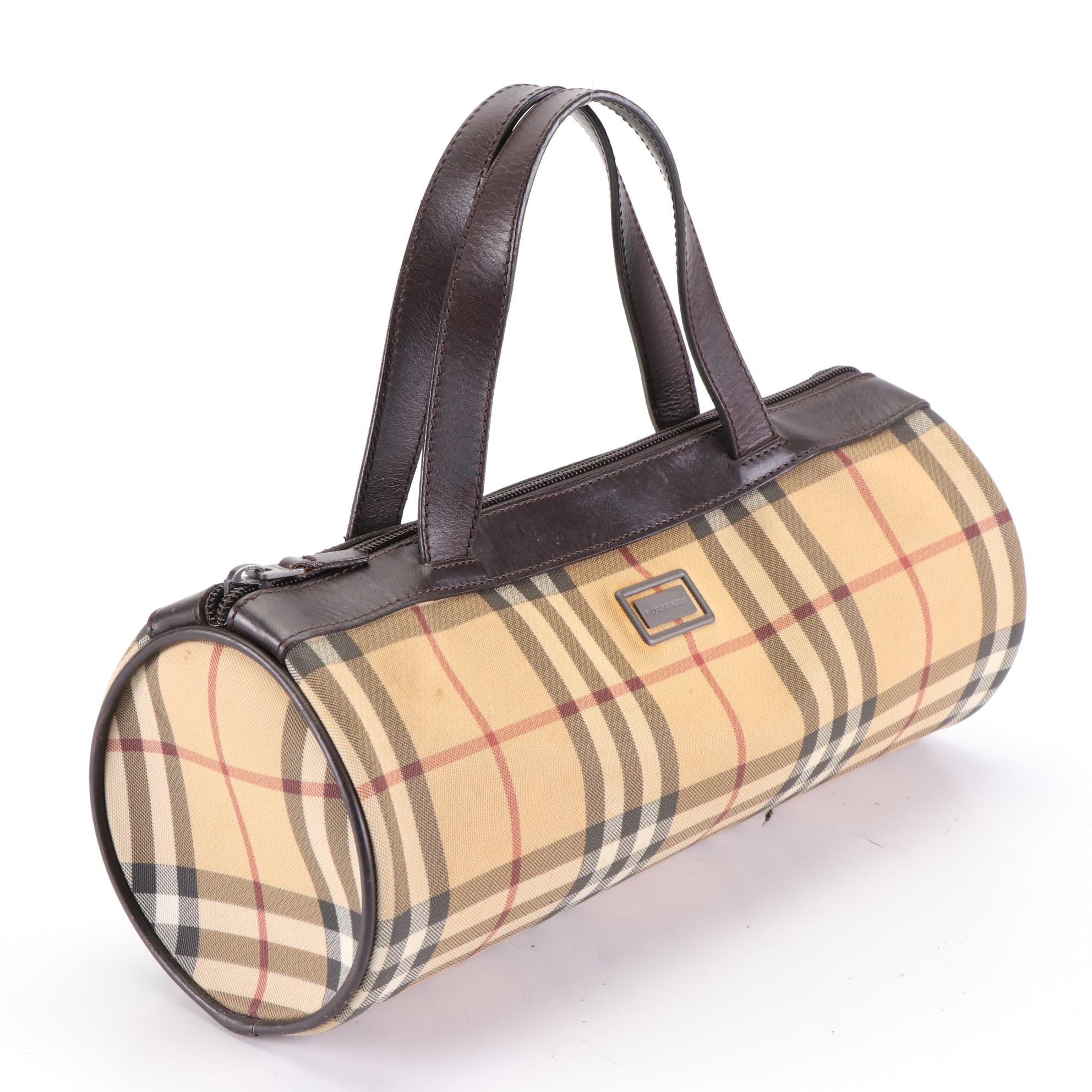 Burberry Barrel Handbag in Nova Check Coated Canvas and Brown Leather
