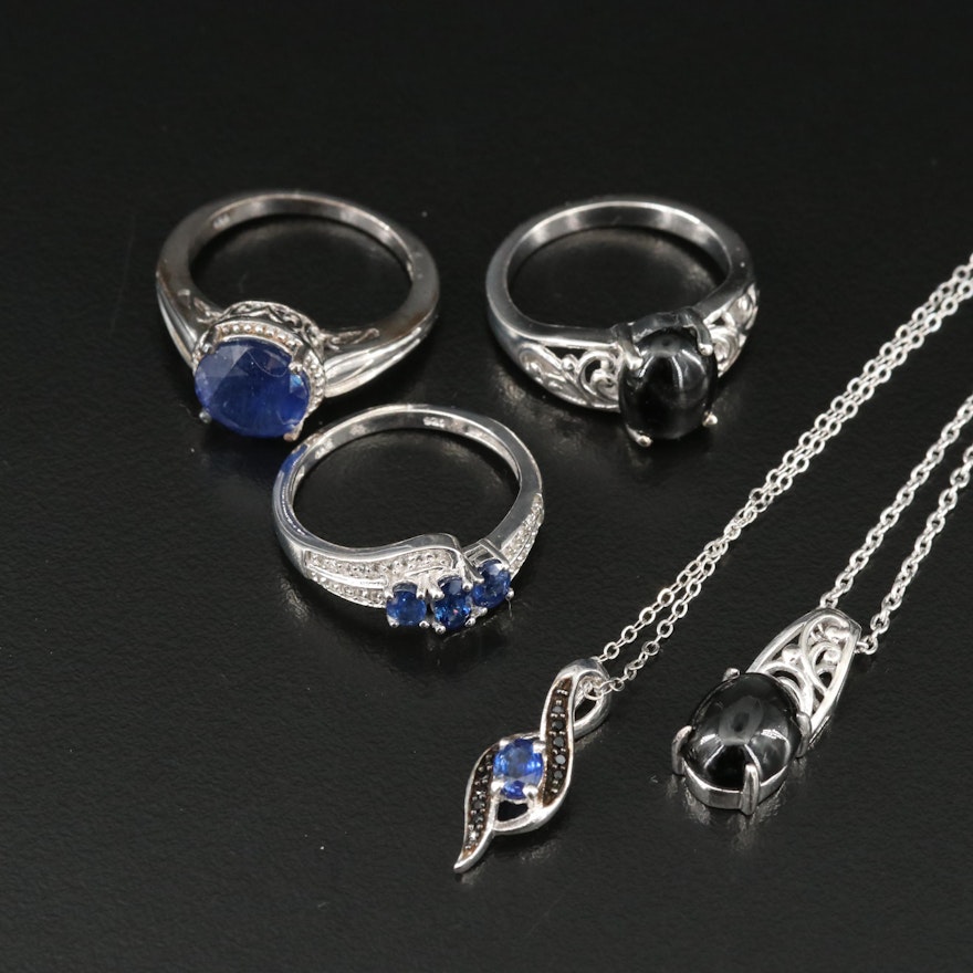 Sterling Star Diopside, Sapphire and Black Spinel Pendant Necklaces and Rings