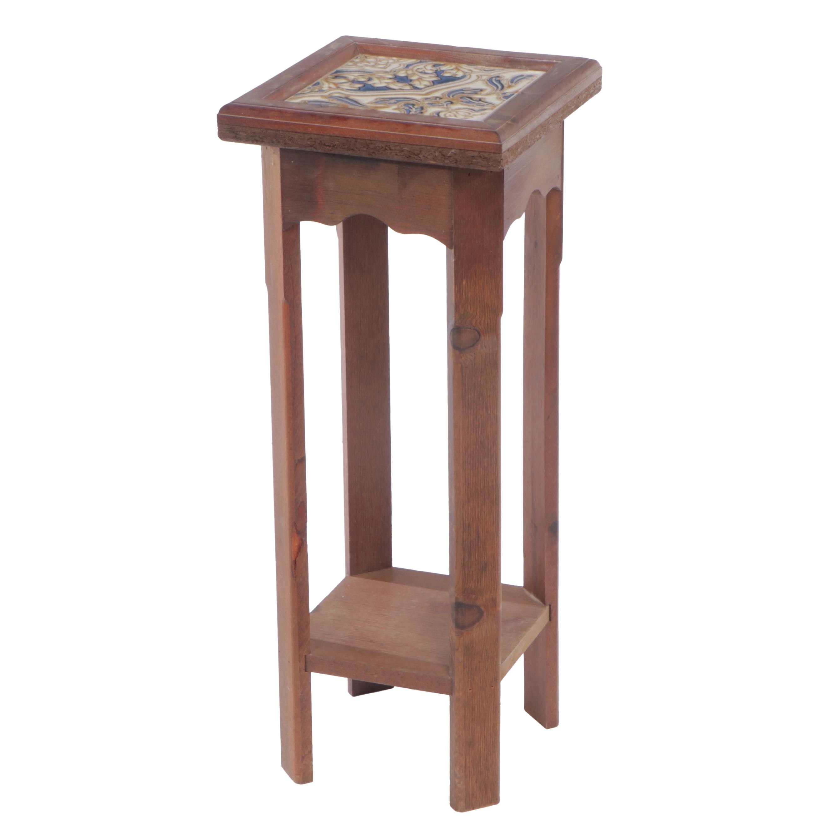Pine and Ceramic Tile-Top Plant Stand