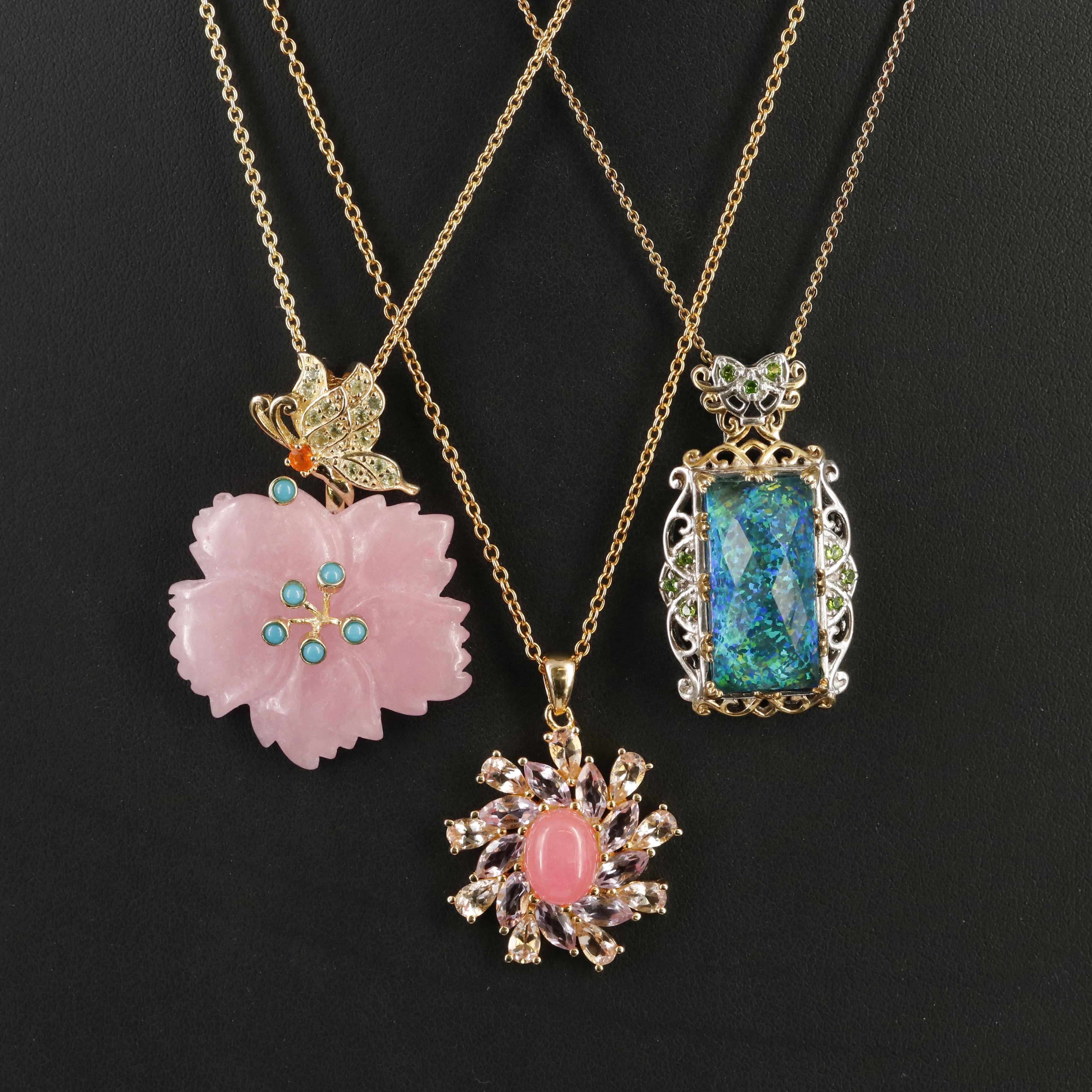 Sterling Opal and Quartz Doublet, Jadeite and Diopside Pendant Necklaces