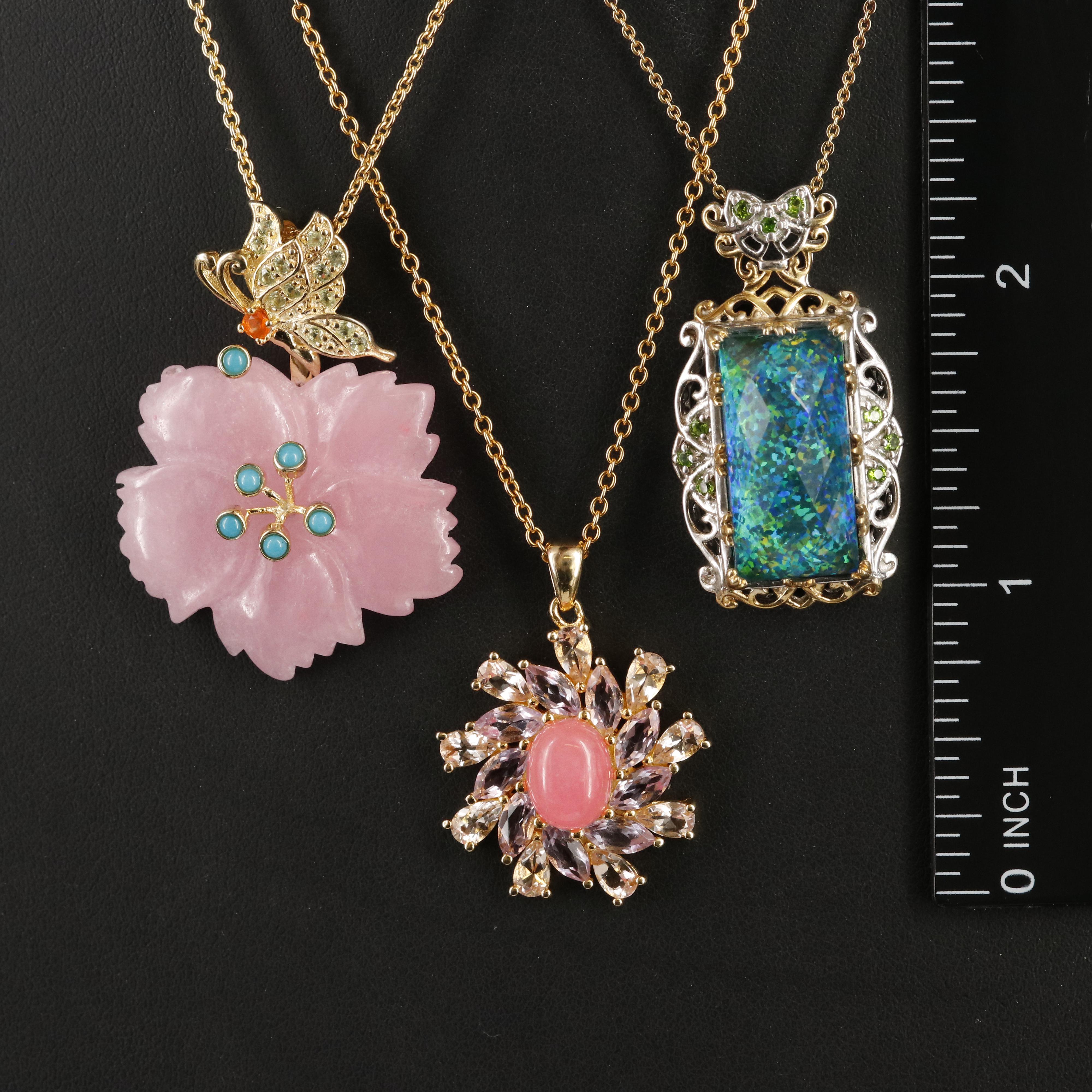 Sterling Opal and Quartz Doublet, Jadeite and Diopside Pendant Necklaces