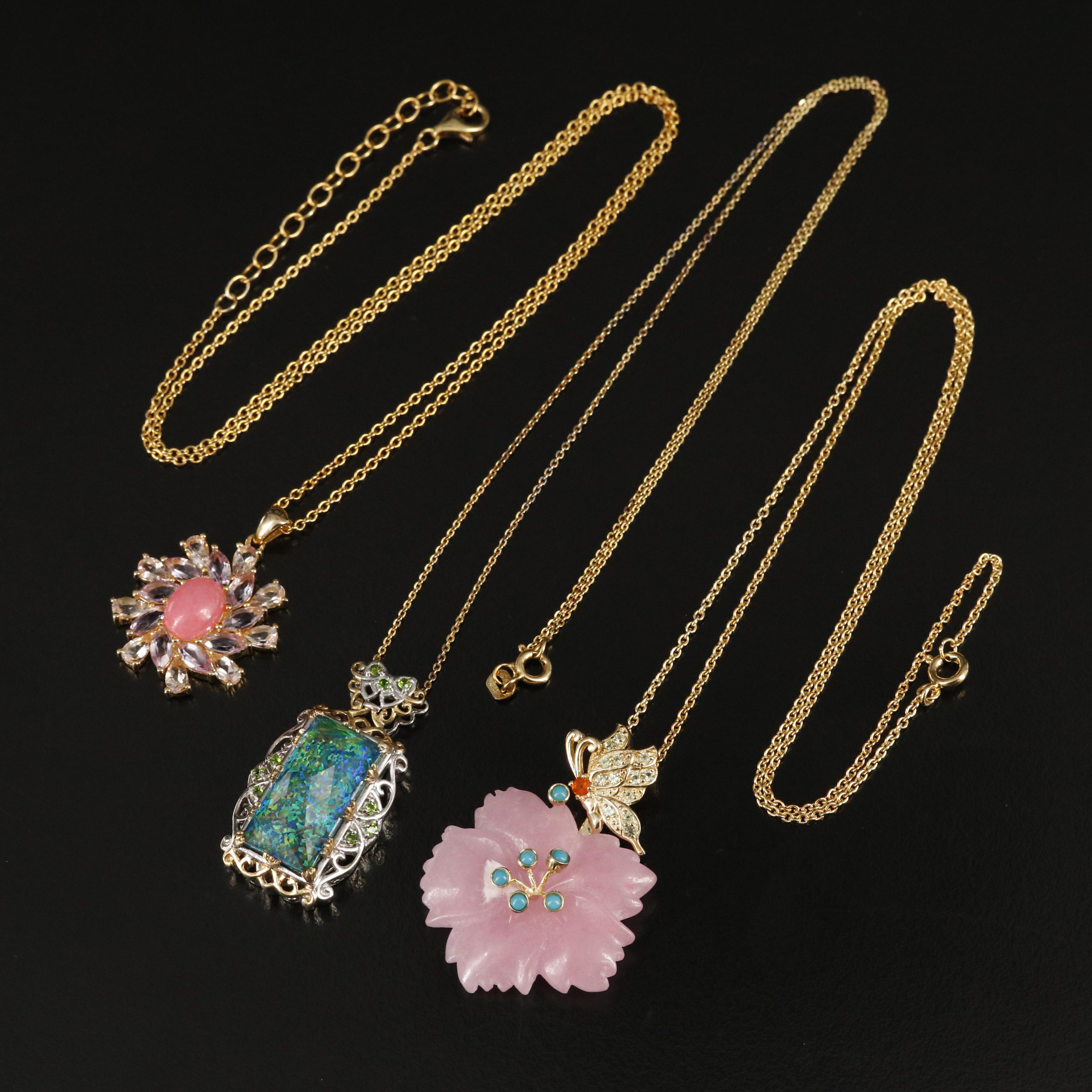 Sterling Opal and Quartz Doublet, Jadeite and Diopside Pendant Necklaces