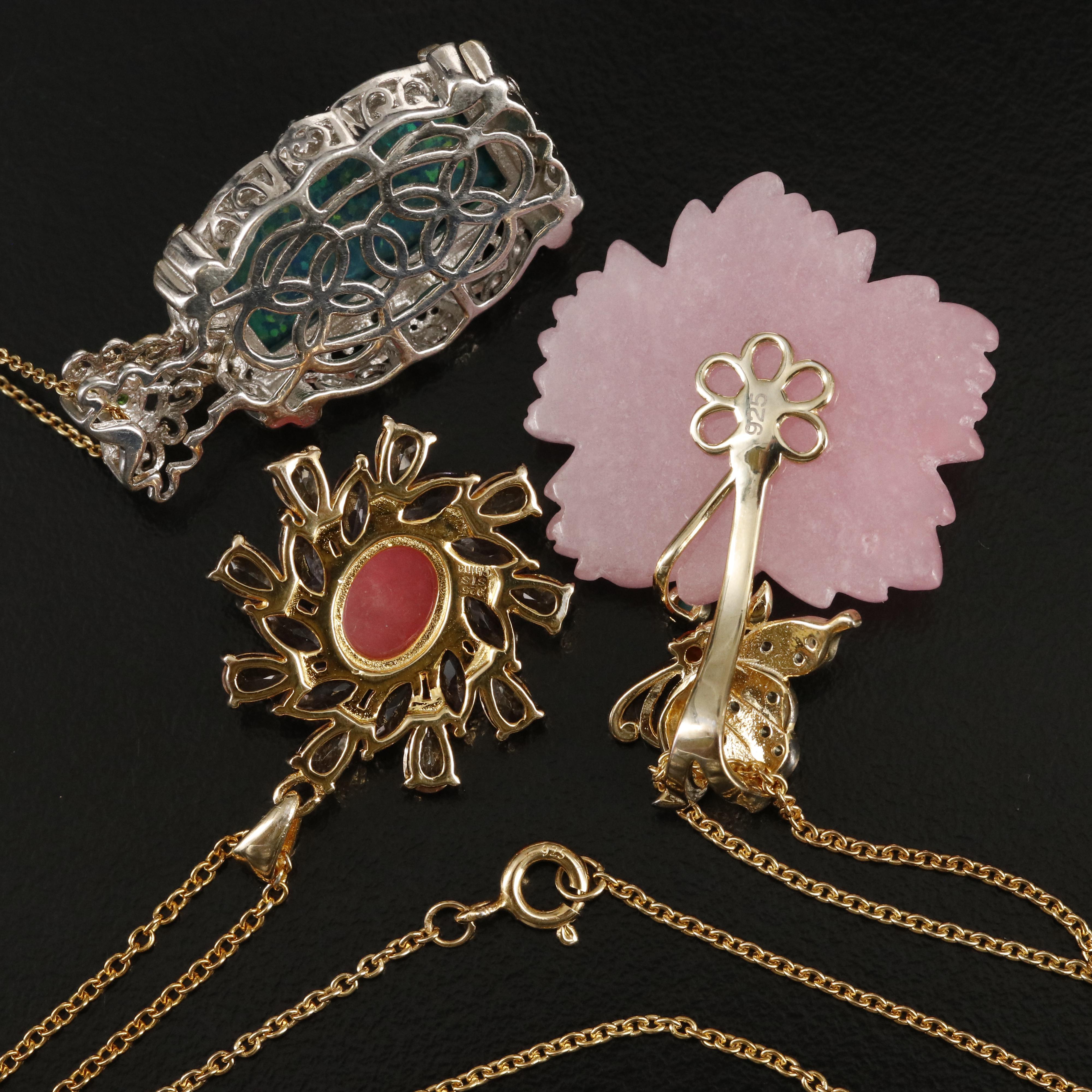 Sterling Opal and Quartz Doublet, Jadeite and Diopside Pendant Necklaces