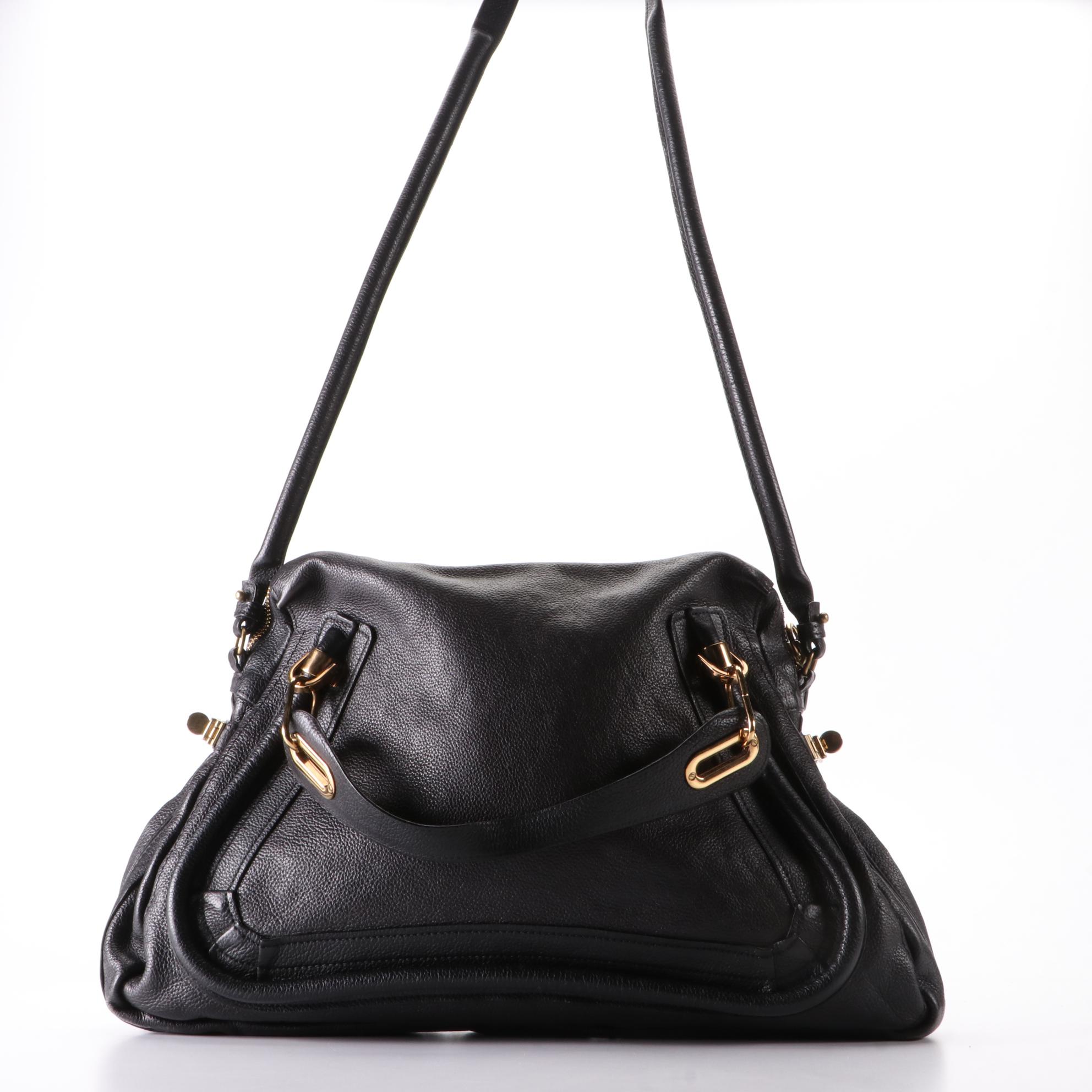 Chloé Large Paraty Two-Way Bag in Black Calfskin Leather w/Shoulder Strap