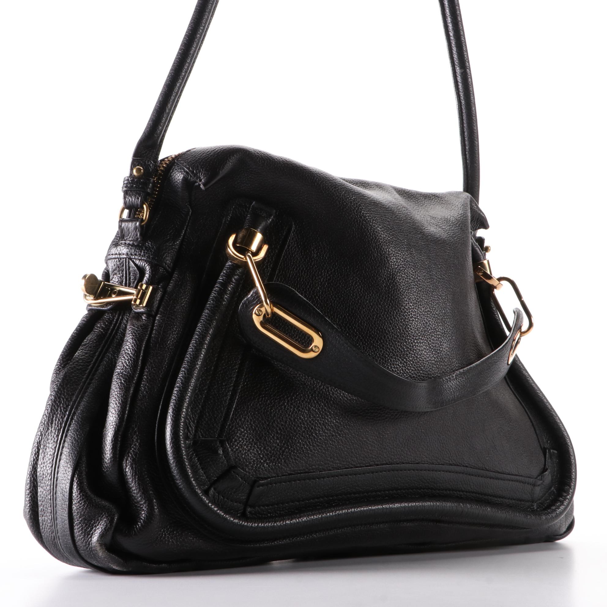 Chloé Large Paraty Two-Way Bag in Black Calfskin Leather w/Shoulder Strap