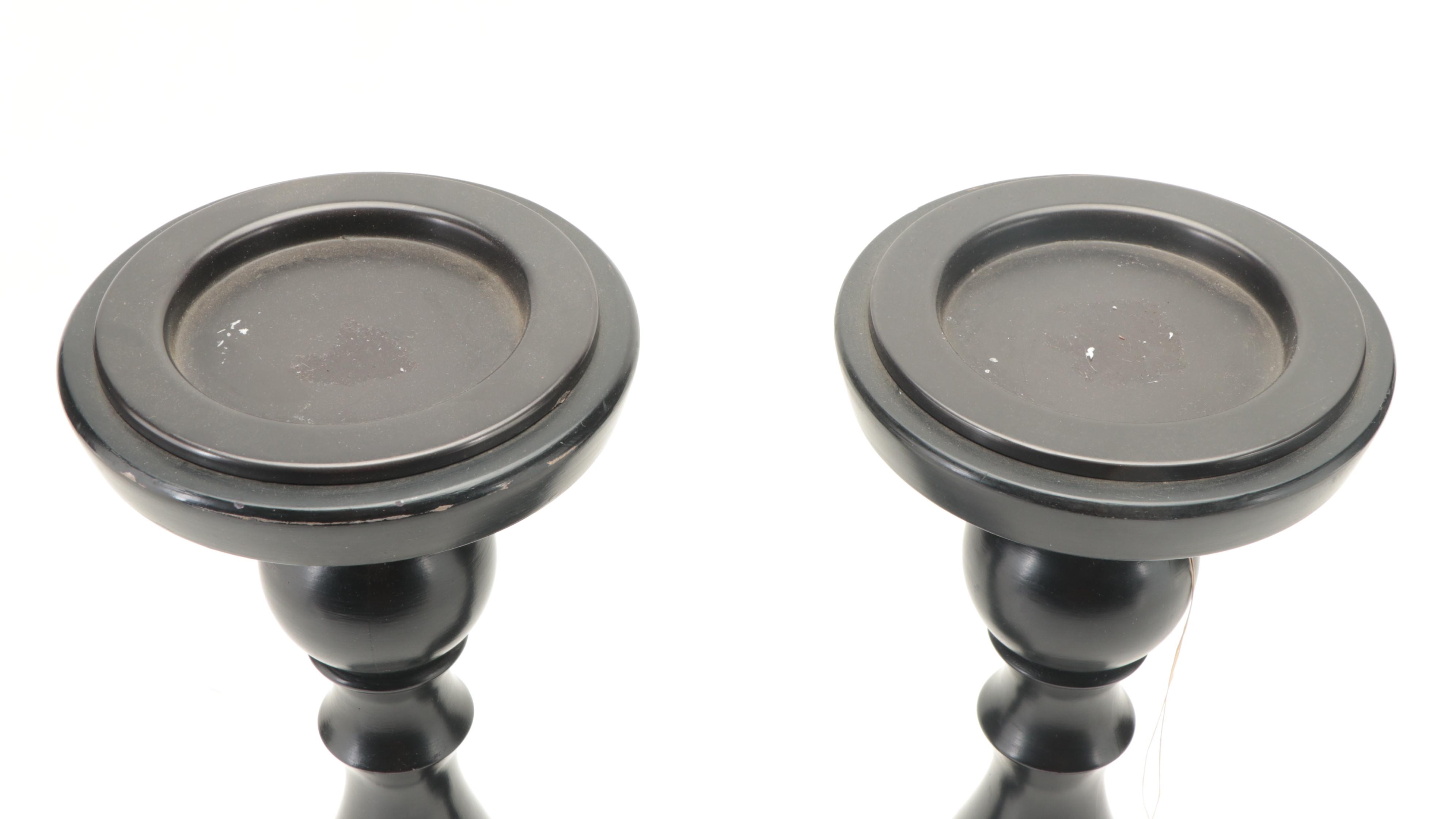 Indian Lacquered Wood Baluster Form Pillar Candle Holders