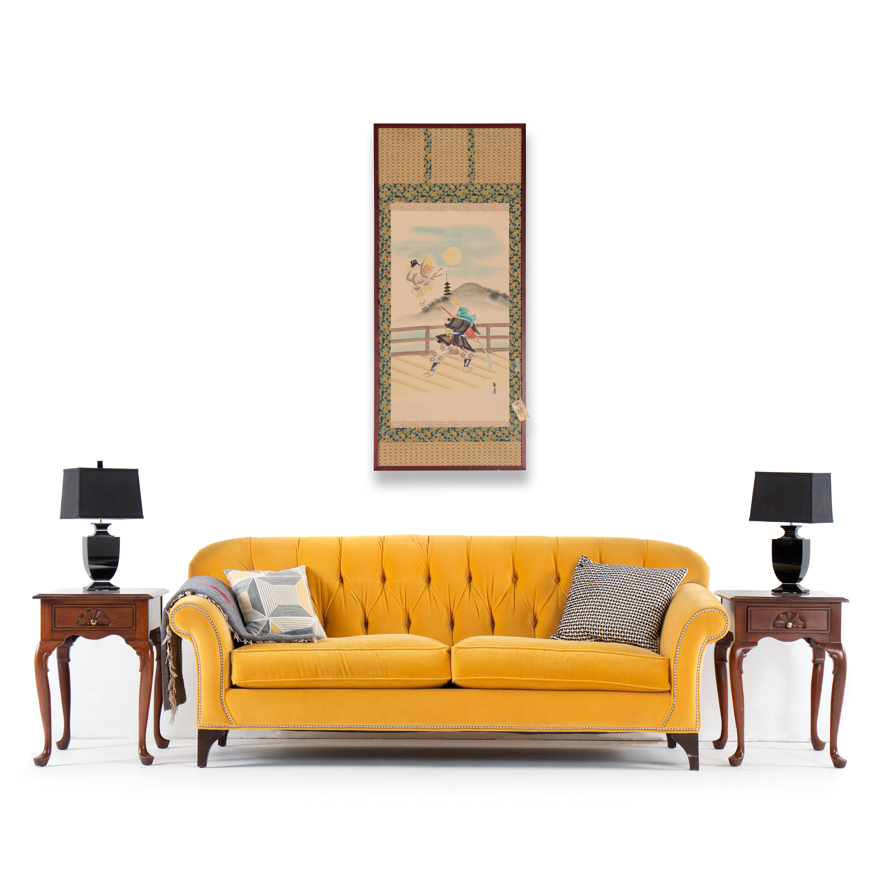 Japanese Watercolor Painting of Mythological Figures Fighting, Late 20th Century