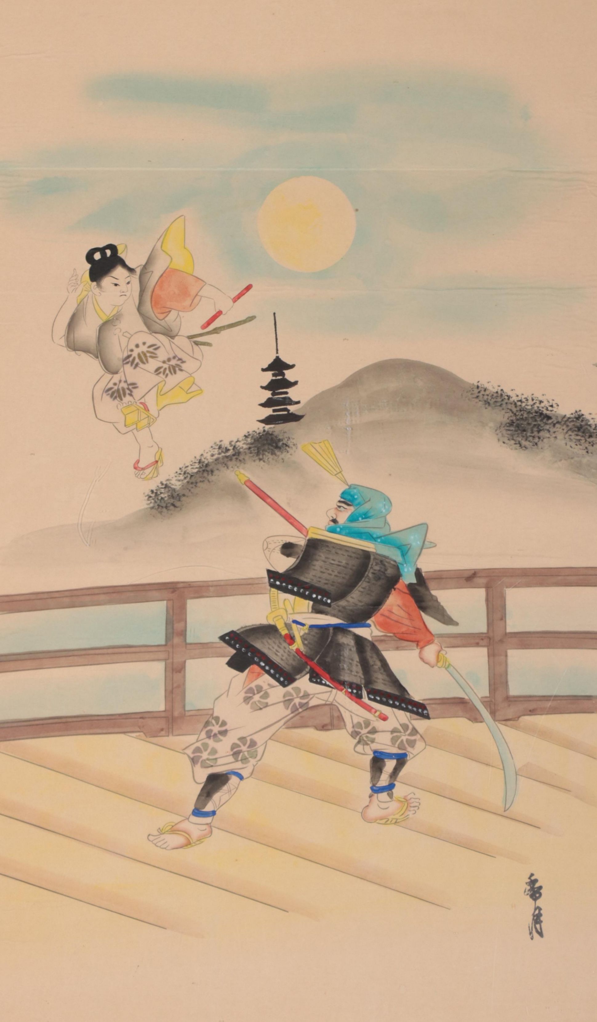 Japanese Watercolor Painting of Mythological Figures Fighting, Late 20th Century